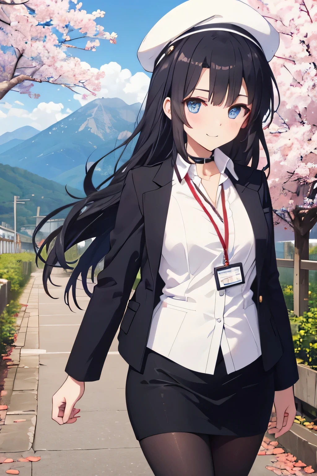 Beautiful girl with long dark blue hair, blue eyes, walking on a narrow path full of mountains wearing black suit jacket, jacket with collar, white dress shirt , collared shirt, neckline, button, correa, Identification card on the neck, black pencil skirt, black tights, smile, blush, looking at the spectator, white beret, sword, comienza a blandir la sword y practicar, strong breeze , great body, sakura leaves.