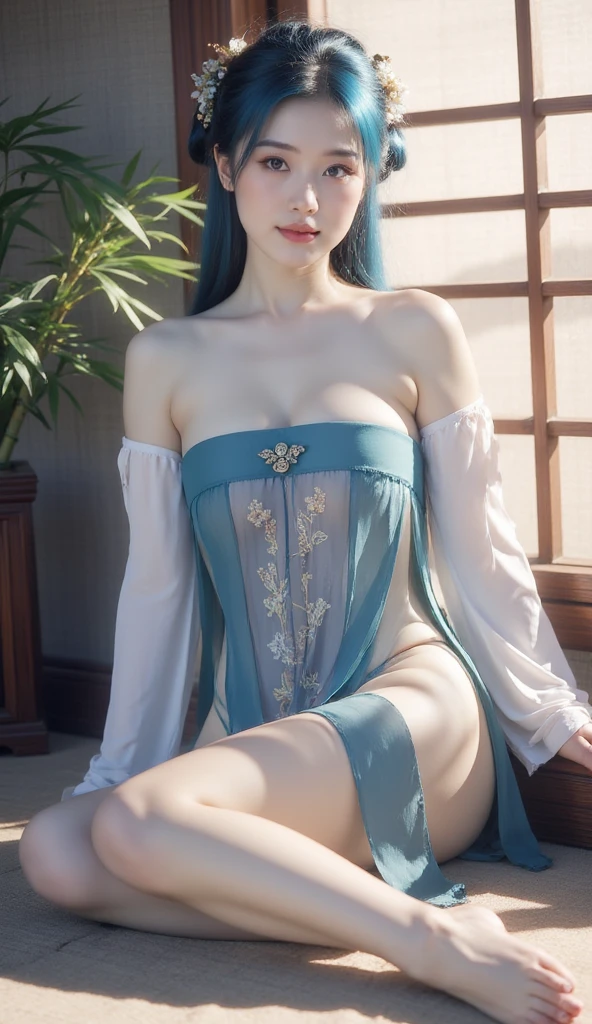 ((Best Quality)), ((Masterpiece)), (Details: 1.4), 3D, A Beautiful Beauty, (Long Light Blue Hair, Ribbon: 1.9), (Plain White Long Dress: 1.7), (Sheer Heels: 1.6) (Green Eyes: 1.5), HDR (High Dynamic Range), Ray Tracing, NVIDIA RTX, Super-Resolution, Unreal 5, Subsurface Scattering, PBR Textures, Post-processing, Anisotropic filtering, depth of field, maximum sharpness and sharpness, multi-layer textures, albedo and specular mapping, surface shading, accurate simulation of light-material interactions, perfect proportions, Octane Render, bicolor light, large aperture, low ISO, white balance, rule of thirds, 8K RAW,