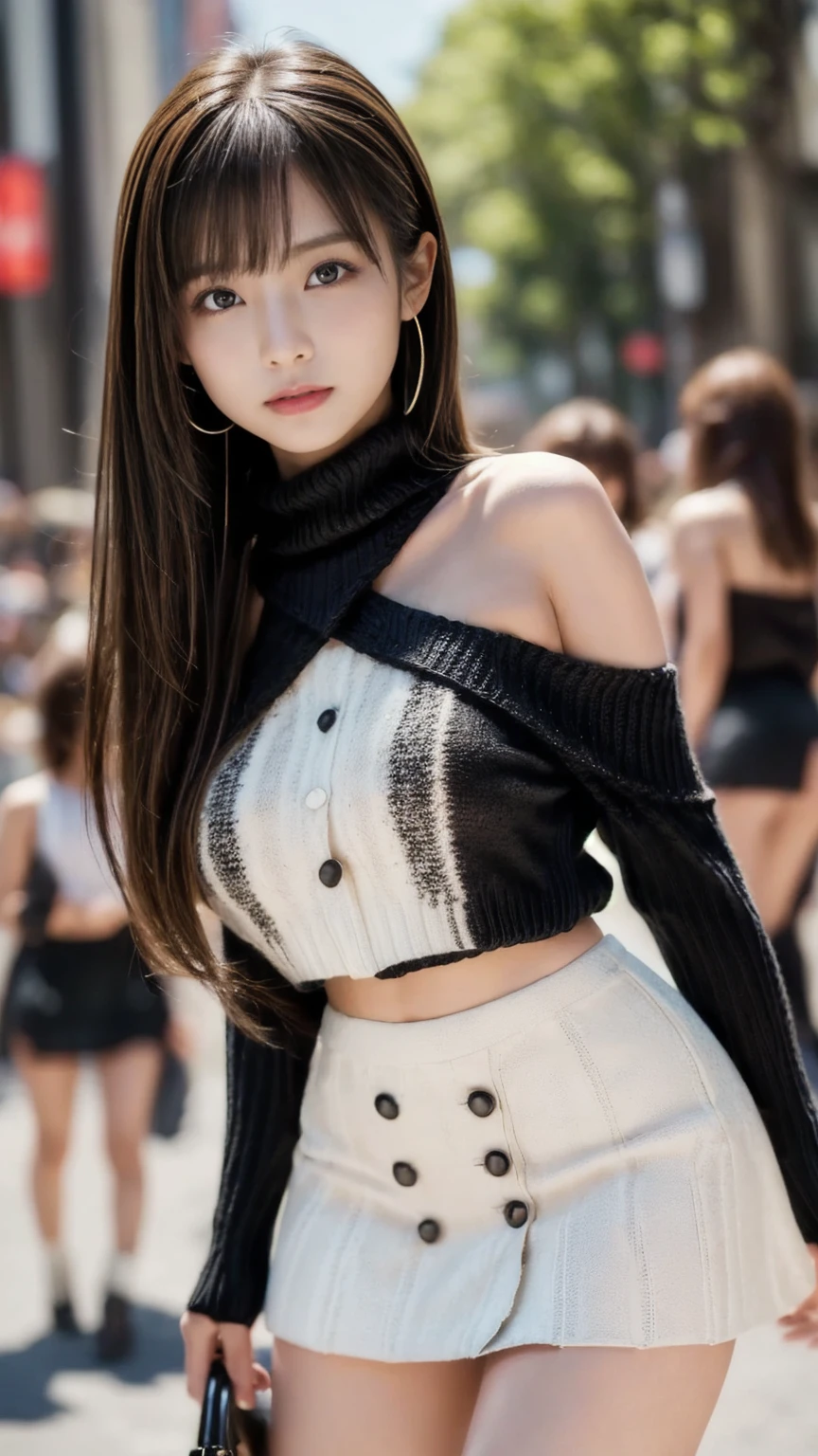 4K, RAW photo, best quality, masterpiece, ultra high resolution, (photorealistic:1.4), realistic, (best quality, masterpiece:1.2), (extremely intricate, detail_face:1.2), (1girl, slim), full body, dynamic pose, dynamic angle, ((from behind)), (exhibitionism), shibuya \(tokyo\), bus stop, bus stop sign, (nsfw:0.8), ((only_sweater)), (off shoulder-sweater, crop top-sweater, long sleeves-sweater), ((low-rise)), (pleated skirt, miniskirt), choker, earrings, navel piercing, light_on_face, black hair, shiny skin, (gigantic breasts), narrow waist, (thighs), thigh gap, realistic_fingers, whole_fingers, red lips, makeup, huge ass,