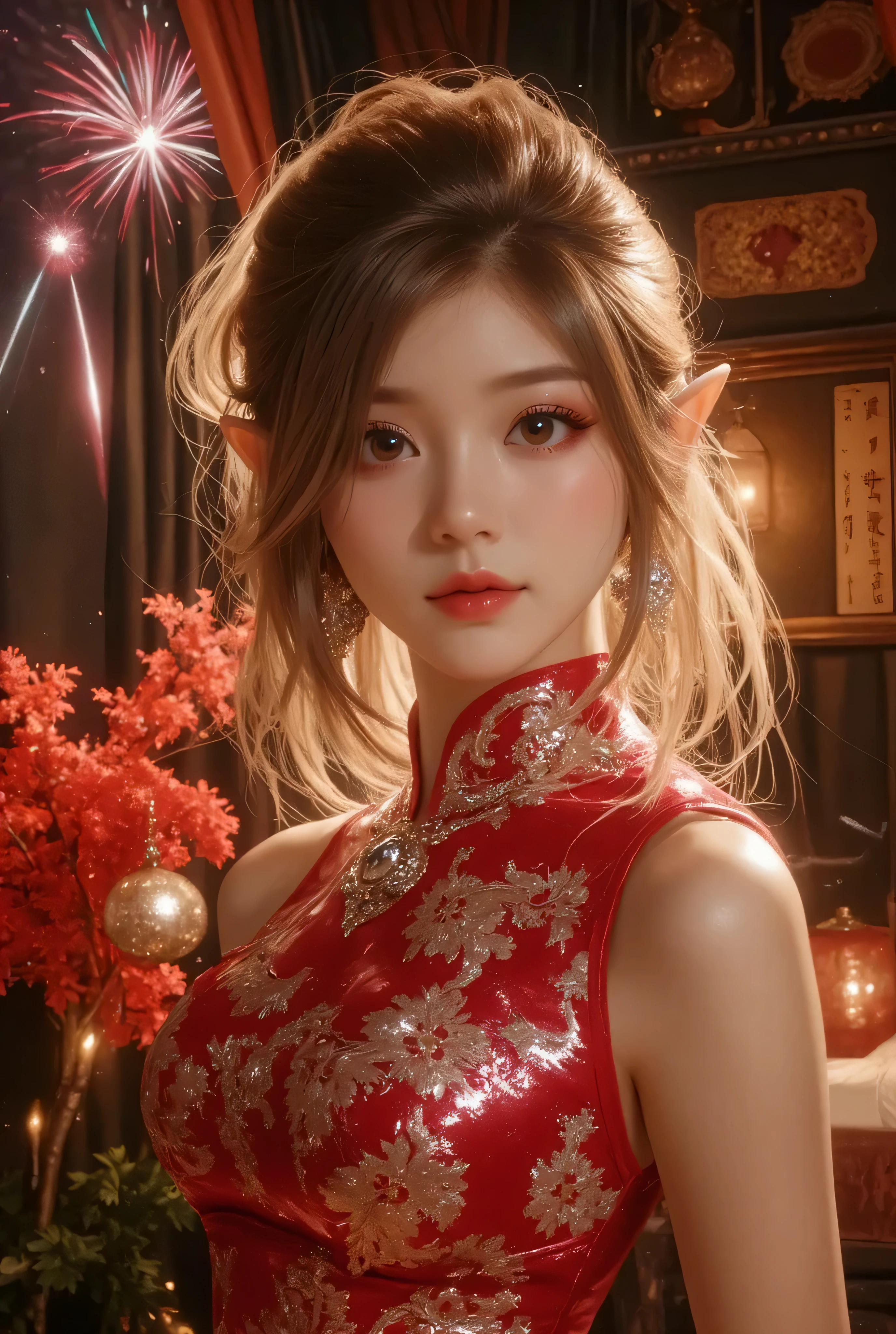 Cat ears、 face up, attractive, pretty girl, ponytail、few beautiful lady hair decorations, (( fine facial features , eroticism)), dramatic lighting , realistic , 8k, Dramatic Shadows , intricate and elaborate patterns , super detailed photo , chiaroscuro lighting , Pleasant colors , deep contrast , super real 、 pink lipstick、 warm room、Vintage Fireplace 、 cinematic composition、Close-up of face, pretty half part transparent open shoulder loose outfits dress, tang style, A beautiful Korean idol wearing a one piece red-green-blue-black-silver-gold tightly cheongsam with phoenix and intricate floral golden embroidery, golden and silver outline on dress, shining gems and jewelry, standing gracefully in a room filled with traditional Chinese New Year decorations. The room features vibrant red lanterns, decorative calligraphy scrolls, a small Chinese orange tree with golden ornaments, and several red envelopes scattered across the floor and hanging from the tree. Adorable, playful cats are part of the scene—some sitting near the tree, others curiously pawing at the red envelopes or lounging around. Through a window or an open door in the background, vibrant Chinese fireworks light up the night sky in an array of reds, golds, and blues, casting a magical glow into the room. The idol’s outfit is paired with subtle accessories like red hairpins or earrings, complementing the festive look. The atmosphere is warm and lively, filled with the joyful essence of the celebration, enhanced by the shimmering lights of the fireworks and the lively decor. blue lights