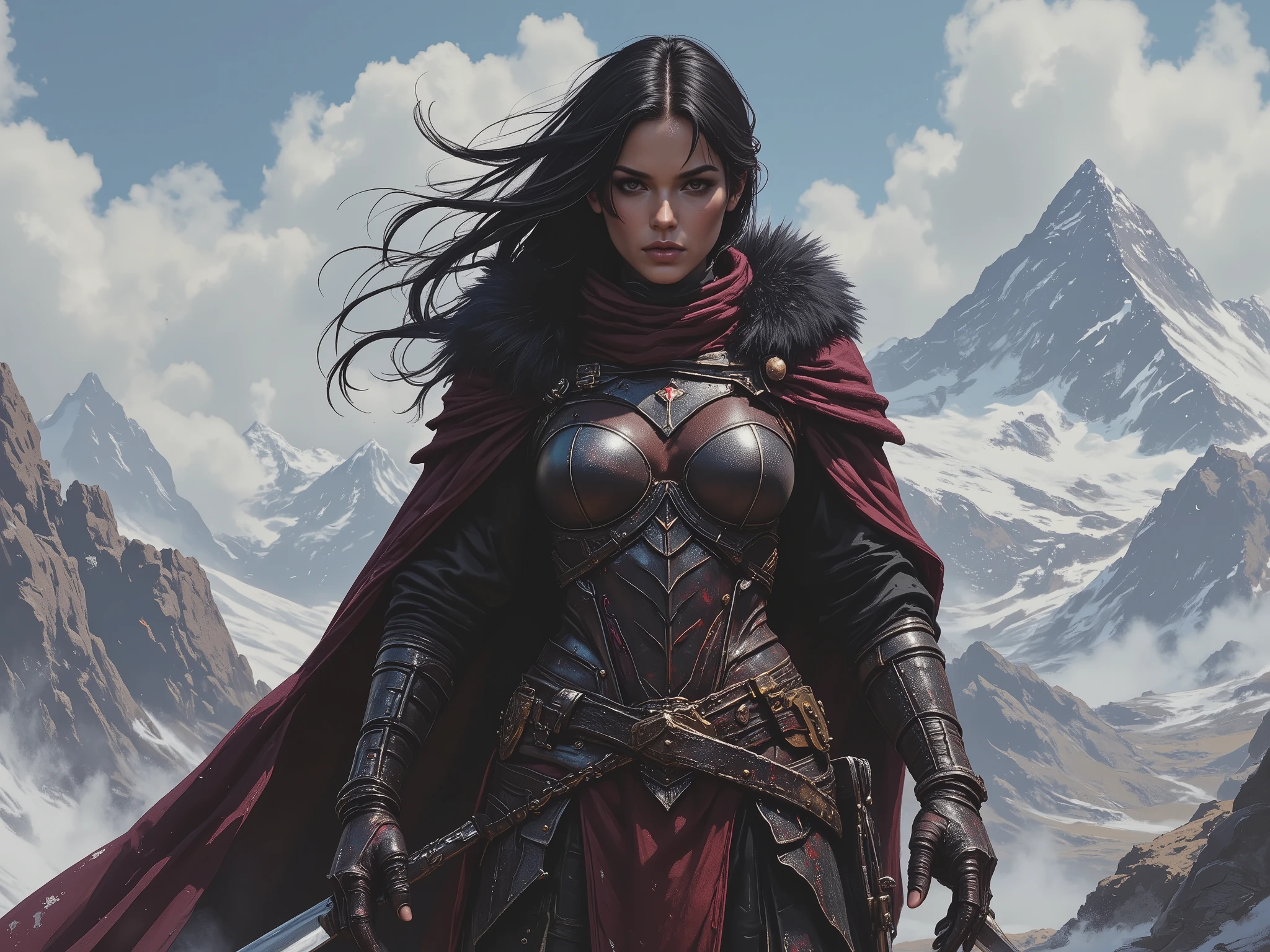 providing protection without compromising mobility, a warrior stands firm, as if every inch had been sculpted by the fury of battle. her heavy fabric flowing according to her movements, The upper part of the costume consists of a fitted leather bodice.
meekness and an imposing look, waving like bright shadows all around of his face with strong and striking features. the wide and robust blade features angular cuts and deep notches, tinged with deep wine, Black armor plates fit her chest and shoulders. accompanying the gloves that extend to her elbows, The black metal is adorned with scarlet marks. A dark burgundy cloak, with a collar adorned with black fur, rest on your shoulders, At the top of a mountain surrounded by sharp winds, as if she had her own will .
balancing the elegance of a noble warrior with the brutality of a conqueror {x} The armbands that cover his forearms are carved with detailed patterns in black metal, Her long, black hair is whipped by the breeze. like a heart dark that feeds on the chaos surrounding, combining leather and reinforced fabric, allowing flexibility in movements. The boots, made of the same wine-dyed leather, Her eyes shine with a cold intensity, ensuring flexibility in movements.
on your hands, she wields a colossal sword, Her costume mixes grandeur and lethality. Inspired by the one in the second image, but even more aggressive, the hidden gaze under an eye patch adorned with dark metallic details, and its back edge has nails similar to sharp teeth. they have buckles and dark metallic details, like scars from old battles, while a crimson-colored crystal pulses at its base. The Cape, long and firm , is wrapped in dark burgundy leather, The lower part of the costume consists of a split skirt, with subtle ornaments in aged gold and dark metals.
whose blade echoes brutality From the war, and her posture transmits an aut