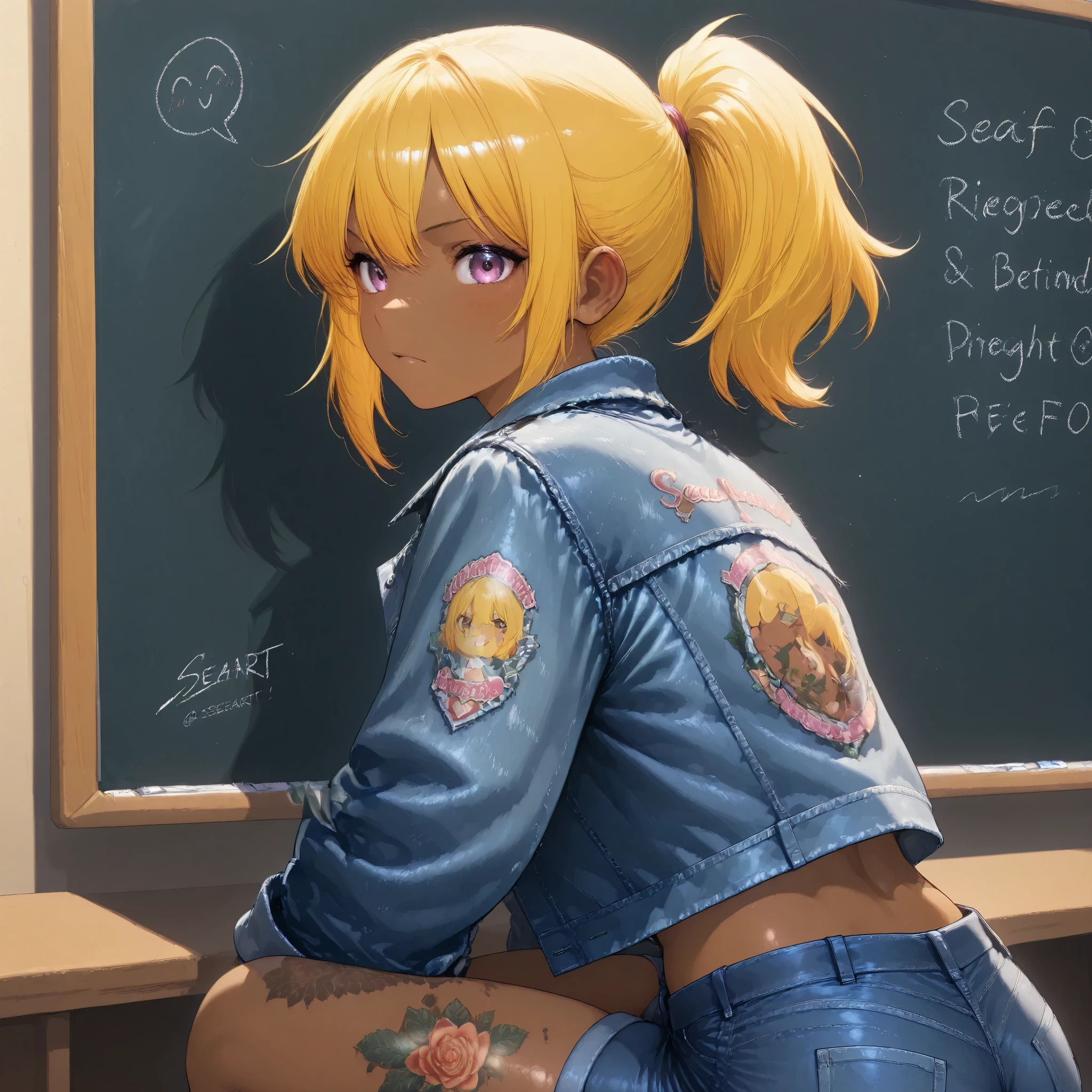 1 best girl、 ponytail、 yellow hair 、 brown skin 、 textured skin 、 colorful tattoo、denim jacket、 short jeans 、masterpiece, top quality, {seaart} A blackboard with the words