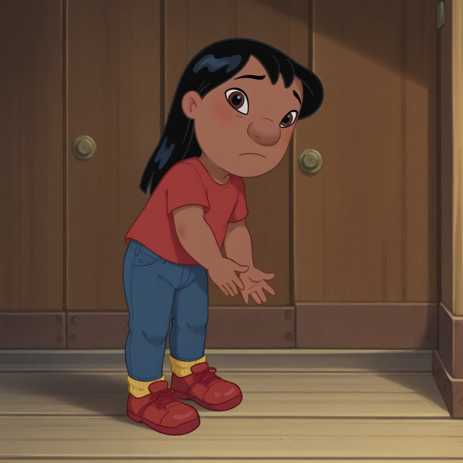 score_9, score_8_up, score_7_up, rating_explicit, source_anime,detailed skins, body blush,cowboy shot, flat chest,  highly detailed, body blush,cowboy shot, looking at viewer, perfect eyes,perfect hands, sidelocks,lilo, long black hair, brown eyes, dark skin, flat chest,  , red button up shirt, short sleeves blue jeans pants yellow socks red shoes 