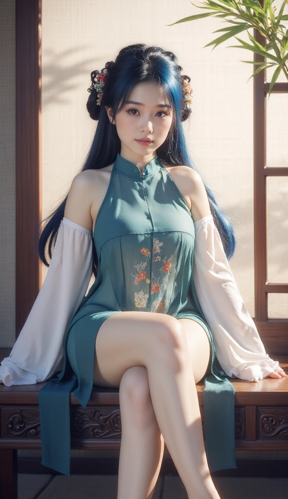 Masterpiece, best quality, official art, 8K wallpaper, very detailed, illustration, 1 woman, blue hair, long hair, Detailed eyes, Forrest Gump, bare shoulders, Hanfu, lagoon, pure, soft smile, bamboo, tea