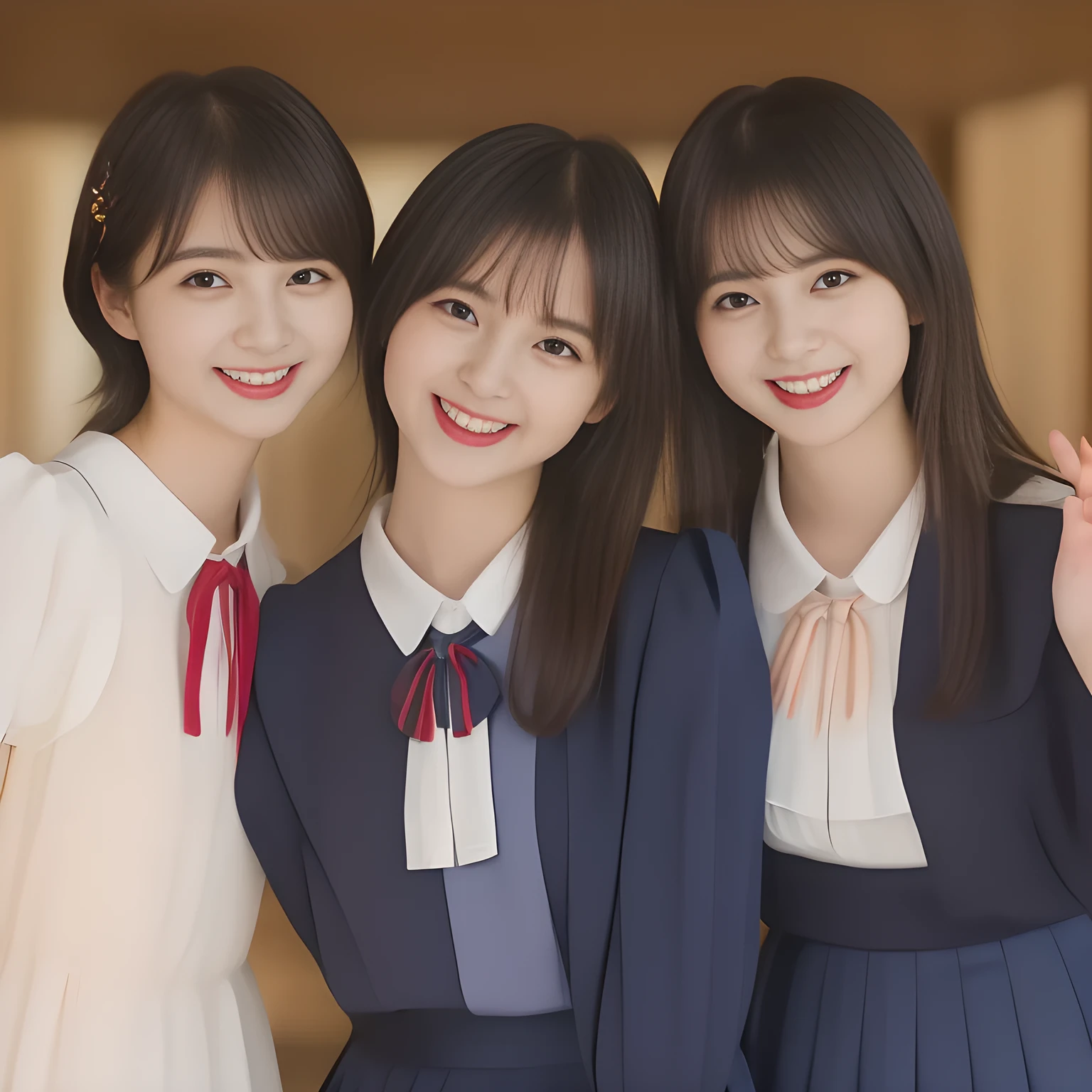 (masterpiece, best quality:1.2), High resolution, 1080P, 8K, 1girl, solo, (laughter of three zinomy girls with detailed. All the girls are noble, neat, intelligent and beautiful slender, maximum laughter of happiness: 1.8), (Incredibly well organized pure white face, Glossy lips, Very long black beautiful straight hair like a hair model, Pure and clear eyes, (((Noble and neat))) Japanese school uniform, (dark red cute school ribbon bow-tie), girly & fluttering ((frilled gorgeous expensive school blouse)), puffed sleeves, (dark-blue cutest well-pleated skirt): 1.5) ,(beautiful legs, white socks and school loafers), (Using expensive face-whitening cosmetics to make her skin more beautiful and pure by professional makeup artist: 1.0), (The neat beautiful girls know well about the viewer's super fetishism for school uniforms, and satisfies it completely with skirt: 1.0), ((Inviting me) to come most close with (mind-melting maximum laughter) and (noble hand gesture) like alluring and looking into my eyes, with seducing pose and beautiful hands: 1.5), (well detailed face and seducing eyes: 1.8)