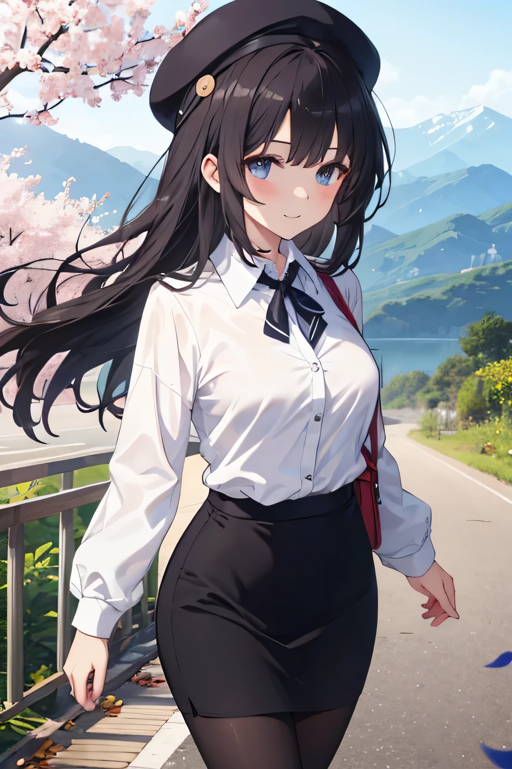 Beautiful girl with long dark blue hair, blue eyes, walking on a narrow path full of mountains wearing black suit jacket, jacket with collar, white dress shirt , collared shirt, neckline, button, correa, Identification card on the neck, black pencil skirt, black tights, smile, blush, looking at the spectator, white beret, sword, comienza a blandir la sword y practicar, strong breeze , great body, sakura leaves.