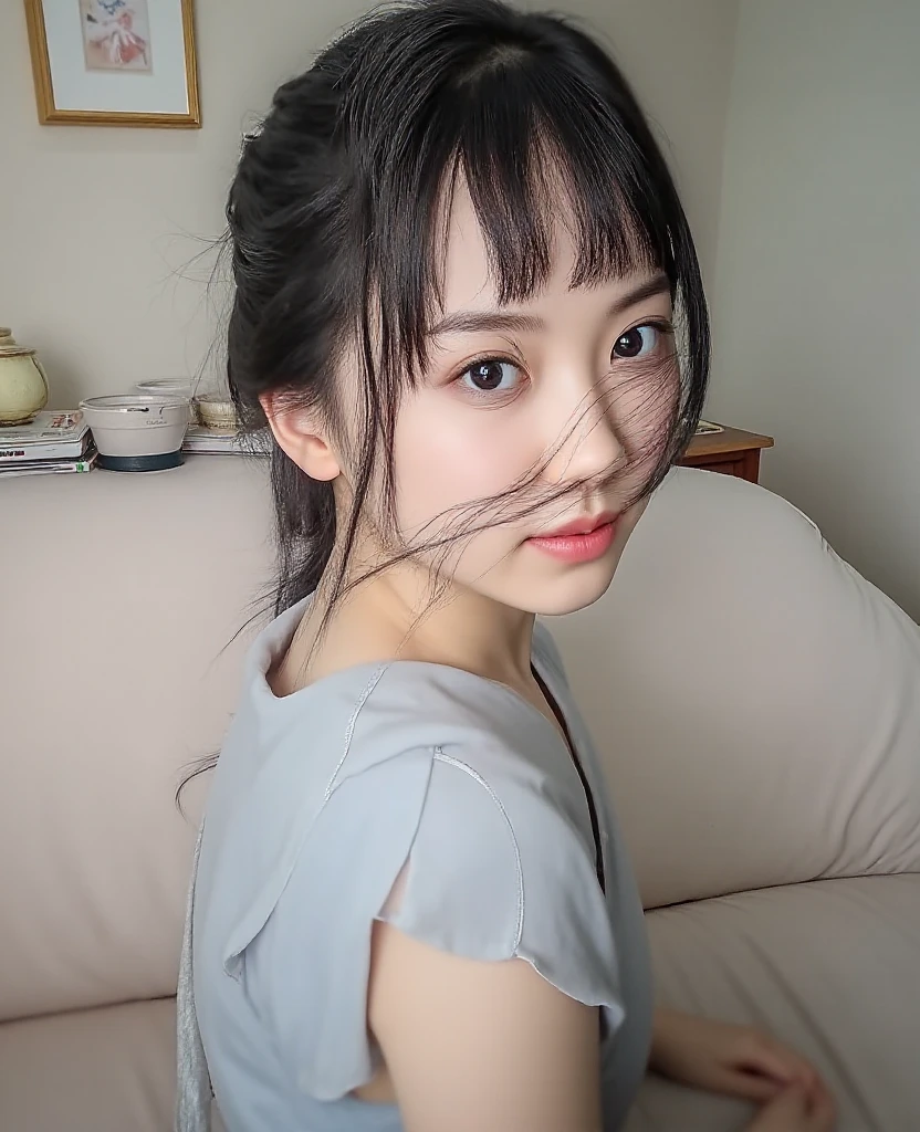 cute, (Ash Blonde Hair), ((Hair Bun)), Perfect Face, An innocent smile, Upper Body,(blue eyes), (Yan), (small), (thin), ((small胸)), ((Only 16)), Skin dentition, Very detailed, Attractive oval face, Red lips, pink, Glowing Skin, thin髪, Face Focus, Chest close-up, Gorgeous hair ornament, Gold earrings, ((1 person)), Embarrassed expression,
