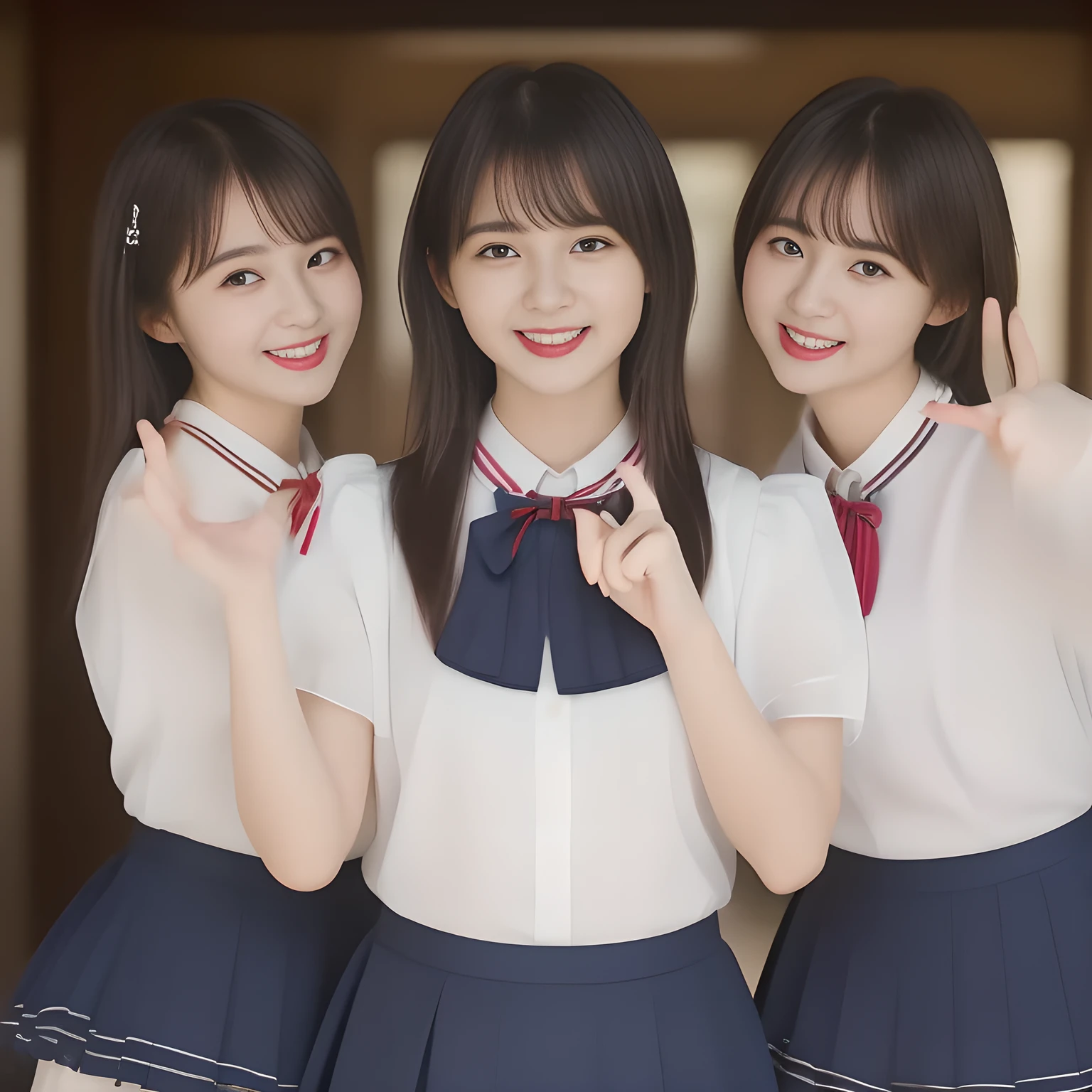 (masterpiece, best quality:1.2), High resolution, 1080P, 8K, 1girl, solo, (laughter of three zinomy girls with detailed with wide open mouth. All the girls are noble, neat, intelligent and beautiful slender, maximum laughter of happiness: 1.8), (Incredibly well organized pure white face, Glossy lips, Very long black beautiful straight hair like a hair model, Pure and clear eyes, (((Noble and neat))) Japanese school uniform, (dark red cute school ribbon bow-tie), girly & fluttering ((frilled gorgeous expensive school blouse)), puffed sleeves, (dark-blue cutest well-pleated skirt): 1.5) ,(beautiful legs, white socks and school loafers), (Using expensive face-whitening cosmetics to make her skin more beautiful and pure by professional makeup artist: 1.0), (The neat beautiful girls know well about the viewer's super fetishism for school uniforms, and satisfies it completely with skirt: 1.0), ((Inviting me) to come most close with (mind-melting maximum laughter) and (noble hand gesture) like alluring and looking into my eyes, with seducing pose and (beautiful hands and fingers): 1.5), (well detailed face and seducing eyes: 1.8)