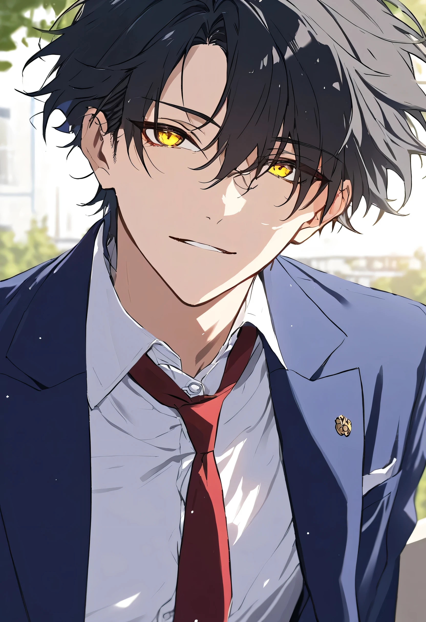 Male + black hair + yellow eyes + blue blazer + white dress shirt + red tie + solo + college environment + face shot
