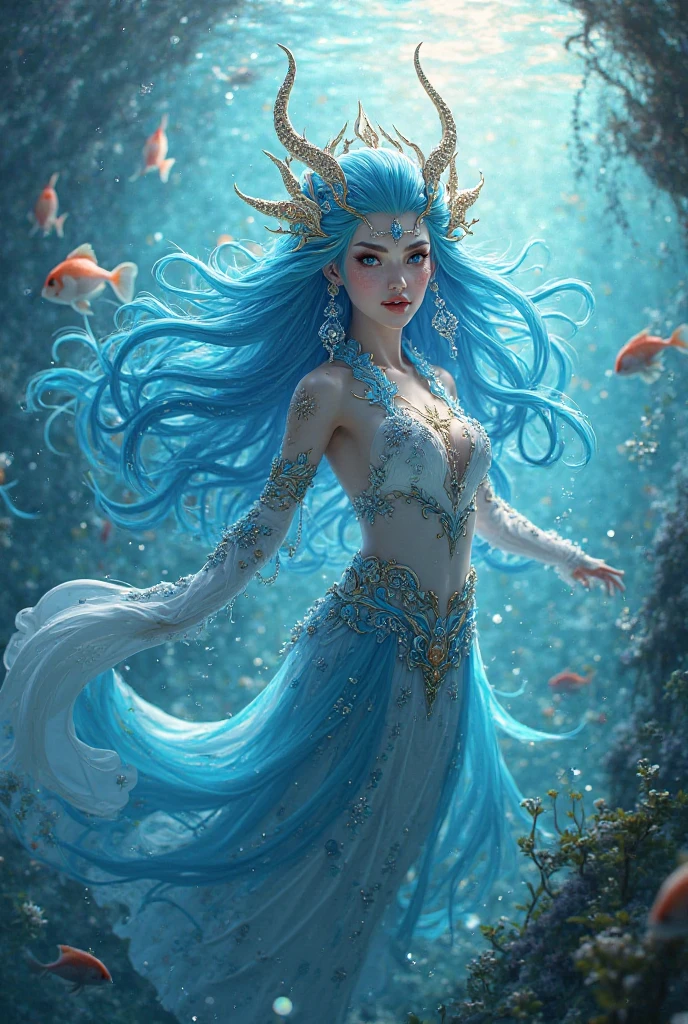 a close up of a woman with long hair in a body of water, goddess of the ocean, goddess of the sea, closeup fantasy with water magic, mystical atlantean valkyrie, karol bak uhd, water element, asian female water elemental, portrait of mermaid warrior, beautiful mermaid, portrait of mermaid queen, digital fantasy art ), azure. detailed hair