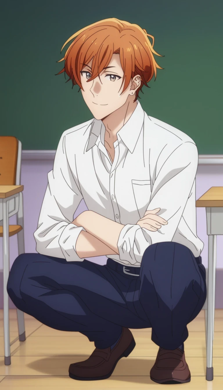 man, un man, short hair, cabello color naranja ojos café , pantalones escolares azul marino, white school dRess shiRt, Arrogant smile, postura En cuclillas, En cuclillas, in a classroom, Sitting on the classroom floor, Anime by Sasaki Shummei, squat pose