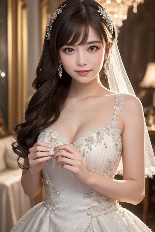 (1girl), Updo hairstyle, Princess, Extremely cute face, Amazing face and eyes, (Highly detailed eyes, Highly detailed face), fresh, Very clean appearance, (Hyper-realistic, hight resolution), (Best Quality:1.4), (hyper quality), Authentic skin texture, Raw photo, (Realistic, Photorealsitic:1.37), highly detailed, Professional Photography, (beautiful lace bridal dress:1.5), (lace bridal dress with open front), (:1.2), (Bare shoulders), Smile slightly, (Staring at me), luxurious tiara, luxury accessories, necklaces and earrings, (luxury living room:1.3), girl portrait,