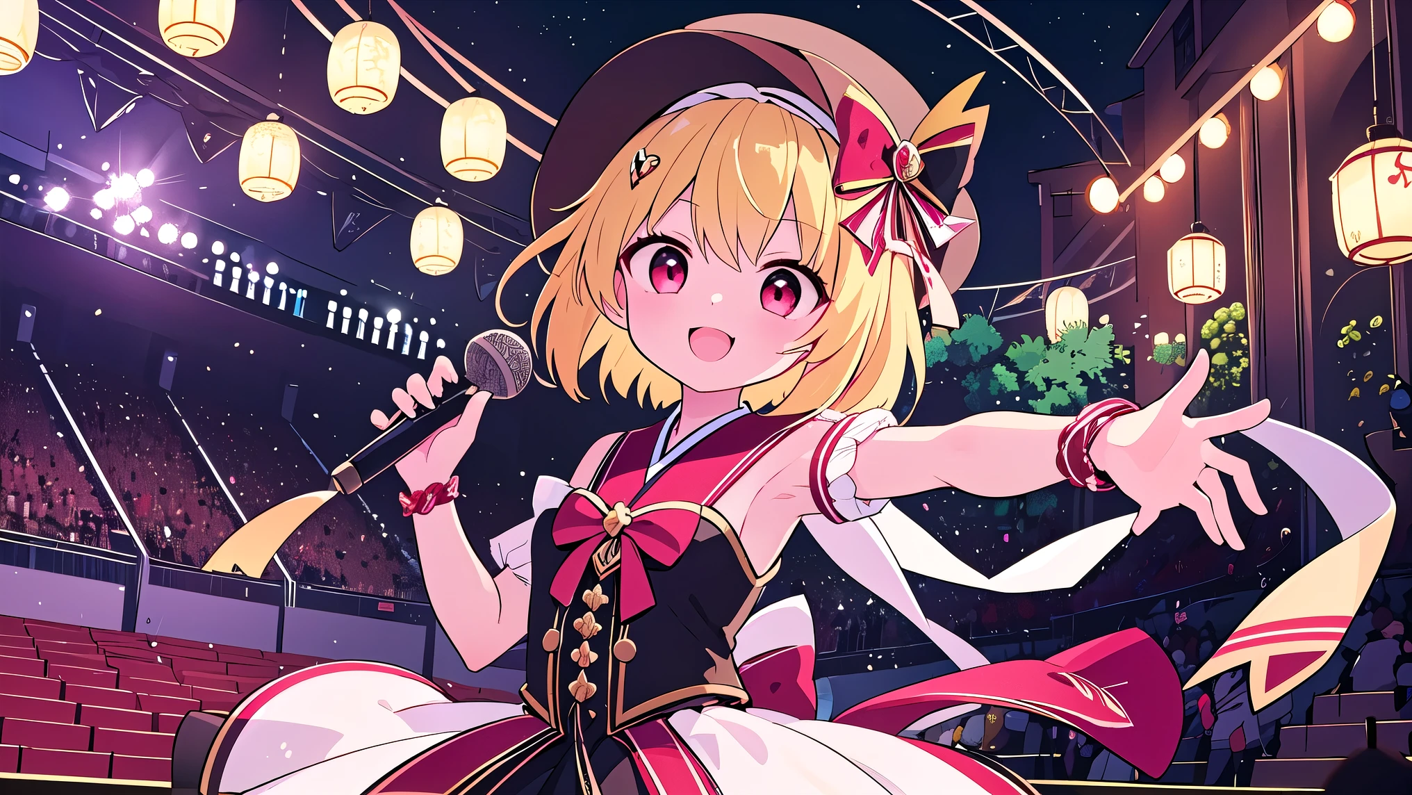 Detailed background, masterpiece, Highest quality, Expressive、whole body、１alone、１By people、１Only people、only girl、Flanders Scarlett, , Yellow hair on the third tail、Red eyes、blonde、Short Hair、Short Hair、Around the  of a college stuiental Project、costume（Idol）、フランがIdolのcostumeを着てstageの上で歌ってる、background（stage）、A bright stage with lots of lights、