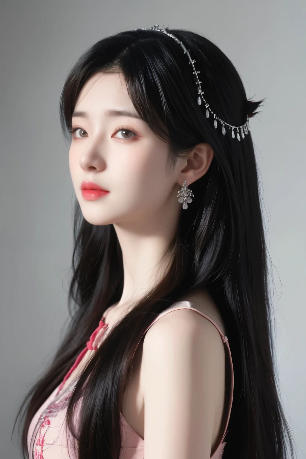 best quality,  masterpiece,ultra high resolution,Clear face,（Reality：1.4）， perfect lighting ，(Upper body photos), (Realistic photos:1.50), Anime Wallpaper, Guvitz style artwork, obscures fantasy until magic , author：The J, Guvitz, beautiful artwork illustration, Stunning Digital Artwork,  exquisite digital illustration, Li Song,  beautiful anime portrait ,  artistic style in Beauvot ,1 Girl,  solo,  long hair, PURPLE HAIR, Hair accessories, earrings, Purple Dress,  Chinese clothing ,