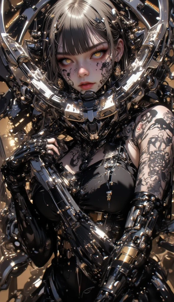 beste-Qualit、​masterpiece、Super-High Resolution、(photorealisitc:1.4)、Raw photo、女の子1人、Black hair、glowy skin、Steampunk Girl、((Ultra Realistic Detail))、portlate、Global Illumination、Shadow、octan render、in 8K、ultrasharp、hugetits、Raw skin is exposed in cleavage、Details of complex ornaments、Gothloli details、Glass Parts、Glass Tube、Glass cover、Luminous tube、Nixie Kan、vacuum tubes、Analog Meter、Golden hydraulic cylinder、highly intricate detail、Realistic light、CGSoation Trends、purple-eyed、radiant eyes、Facing the camera、neon details、Mechanical limbs、blood vessels connected to tubes、Mechanical vertebrae attached to the back、mechanical cervical attaching to neck、sitting on、Wires and cables connecting to the head、Small LED lamp、