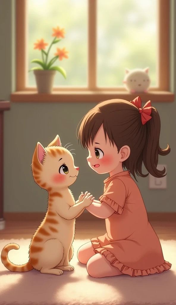Lily a cute girl wearing white shirt with open hair carefully moved the branches of the bush to free the orange cat's paw, which was stuck in the bushes