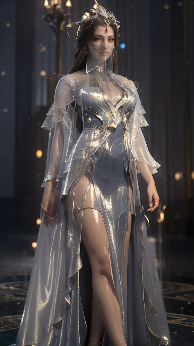 Master of animation, A perfect masterpiece, On a pure white background、Dressed in cool, sexy and modern clothes、Sexy mature modern woman standing, Flowing silver hair, Full Body Stand Posture, Thin legs, Straight chest, Detailed facial details, Natural and beautiful standing posture, Crisp and realistic body detail