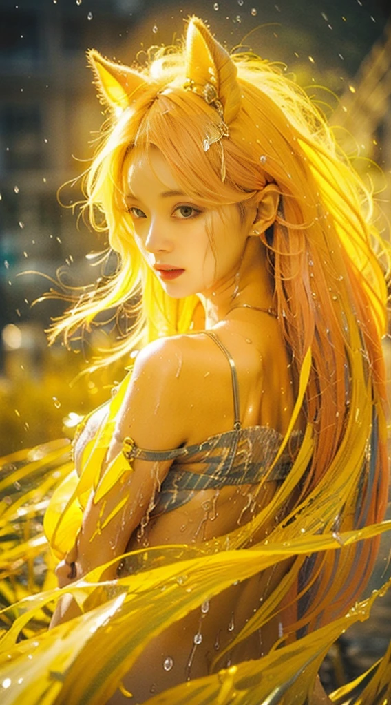 (A Divine Beast), Nine-Tailed Demon Fox, foxes ear, animal ears, animal tails, Dynamic Body Type, (Chinese Monster), beautiful, Splashed Ink, Chinese, 1girl, ((2.5D)), Floating Hair, Beautiful Eyes, Delicate Eyes, Delicate Silhouette, bare neck, bare nape, perfect neck, dynamic pose, spread arms, open arms, casual posing, perfect body, perfect anatomy, detailed iris, sparkle eyes, star in eyes, enchanting blue eyes, red lips, sharp eyelashes, (multicolored eyes), (orange hair:1.3), (extremely long hair:1.3), (hair between eyes), (hair over one eye:1.3), (floating hair:1.3), hair pin, hair ornaments, hair garments, detailed collarbone, perfect collarbone, perfect breasts, round breasts, (exposed sideboob), (sideboobs:1.3), Fantasy Art, (white and golden Antique Brocade kimono), FOV, (Masterpiece), back view, Side Portrait, from back, bare back, perfect shoulder blades, White Background, (Movie Poster), Sharp, Splash, Cloud, Petals, Empty, Sky, (Wide Angle Lens), Vista