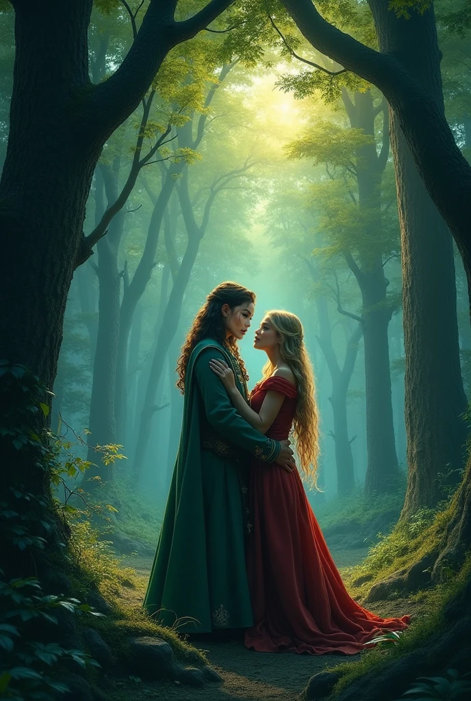 Lady Galadriel, a majestic elf with golden hair that falls in soft waves, y Tauriel, a brave elf with braided red hair, They are hugging each other from the front while sharing a kiss full of love. Both clearly show their pointed elven ears and wear detailed outfits.: Galadriel in her white and silver robes reflecting a magical light, and Tauriel in her green hunting armor. The landscape behind them is a majestic elven environment., combining elements from the 'Lord of the Rings' series: The Rings of Power and The Hobbit. The tall towers of Lindon can be seen, with its golden trees and majestic architecture, along with the serene forests of Lothlórien and Rivendell, where nature and magic intertwine in perfect harmony. The soft light of dawn illuminates the scene, enhancing the beauty of their love in this immortal fantasy world.