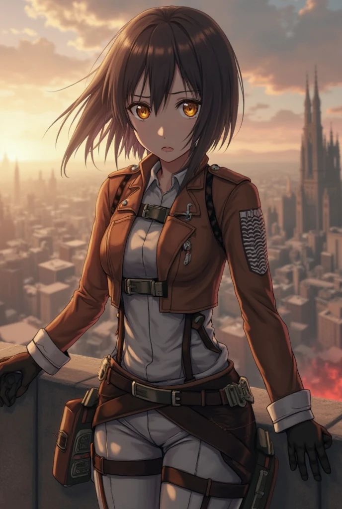 A 20-year-old woman from Attack on Titan. She has dark brown hair, long, patchy short hair and a bunch of pig-blood red hair, golden yellow eyes, wears a full-length survey uniform with 3D mobile devices, and wears black gloves. Her posture looks boring and foreboding. The eye doesn't show emotion but remains serious about the mission. Being in an action-packed scene, such as on a city wall, or preparing to fight the Titans, the atmosphere around is filled with the tension of the battlefield.