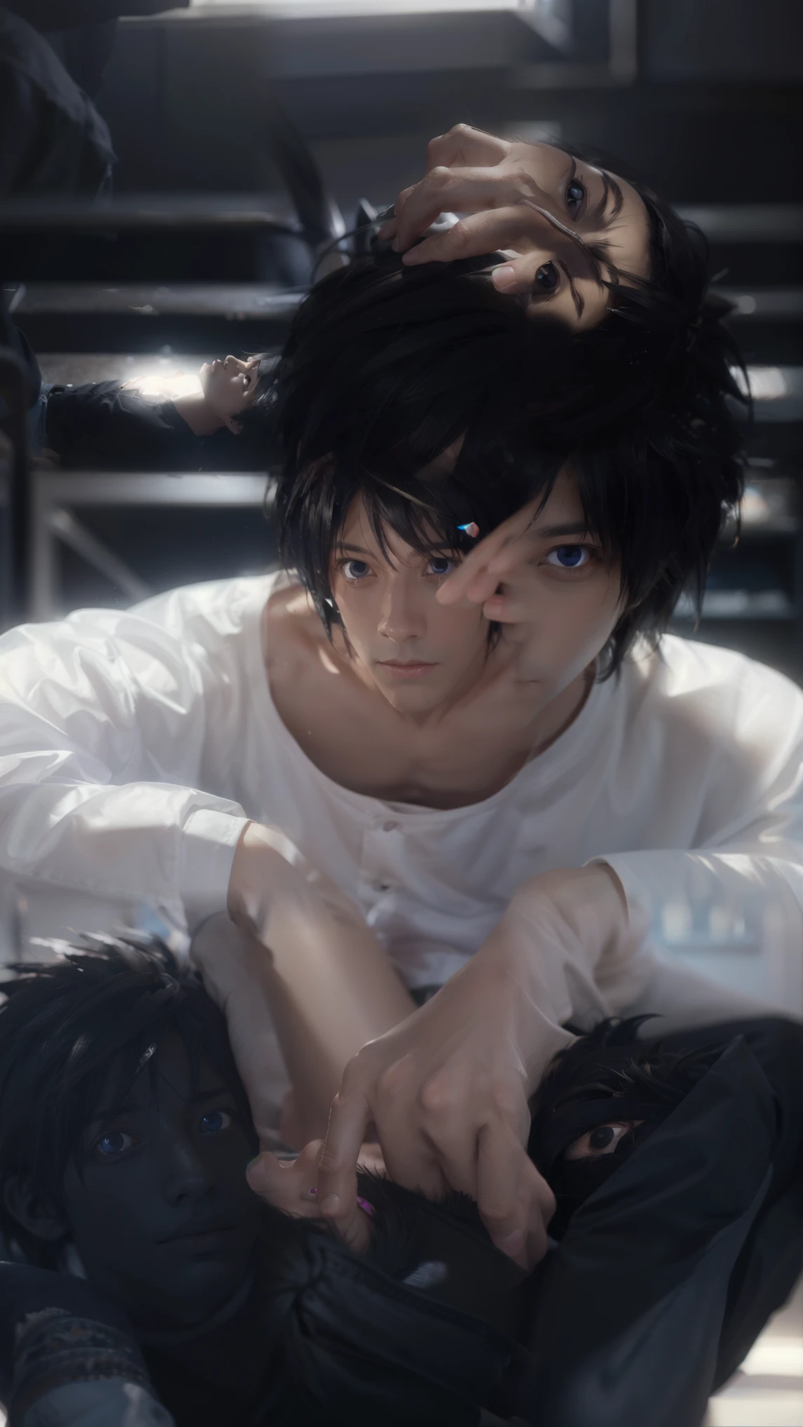 lawliet, lawliet, male focus, spiked hair, (black eyes:1.5), black hair,
BREAK shirt, white shirt, collarbone, long sleeves, pants, denim,
BREAK indoors,
BREAK looking at viewer, (cowboy shot:1.5),
BREAK (masterpiece:1.2), best quality, high resolution, unity 8k wallpaper, (illustration:0.8), (beautiful detailed eyes:1.6), extremely detailed face, perfect lighting, extremely detailed CG, (perfect hands, perfect anatomy),