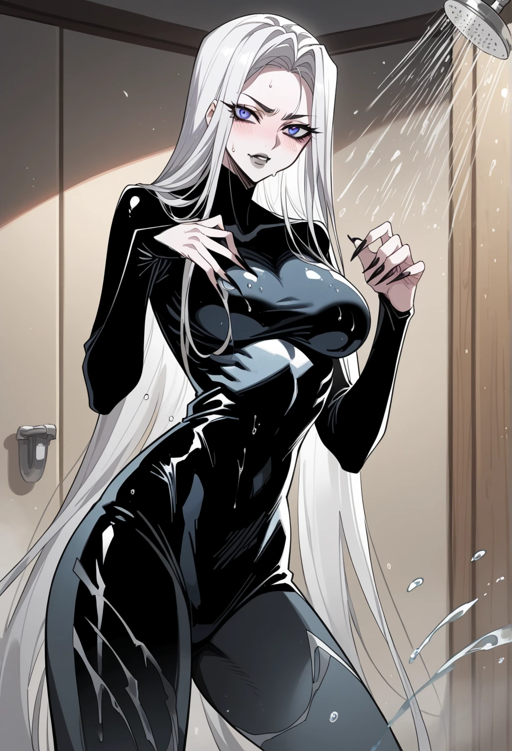 1 girl,NSFW,Nico Yamato,(one piece),clavicle, absurd, brainwashing,Combatant, empty eyes,((purple glowing eyes 1.5)), (huge breasts 1.8), No expression, emotions removed,((black latex tight bodysuit)),avert your eyes , whole body shape, ((stand up、salute)),(highest quality、4k、8k、High resolution、must have:1.2)、Super detailed、(reality、It's realistic、realistic:1.37)、ticker、hyper hd、studio lighting、ultra definition paint、sharp focus、Physically based rendering、extreme details、Professional specifications、vibrancy and color、blurry、sports portrait、landscape、horror style、anime big breasts、SF、photograph、concept artist、five fingers, perfect body, {{{masterpiece}}}, {{{highest quality}}}, {{Super detailed}}, {shape}, {{very delicate and beautiful}},Improved cost performance、all roles、Canon 5D MK4でphotograph、photograph,