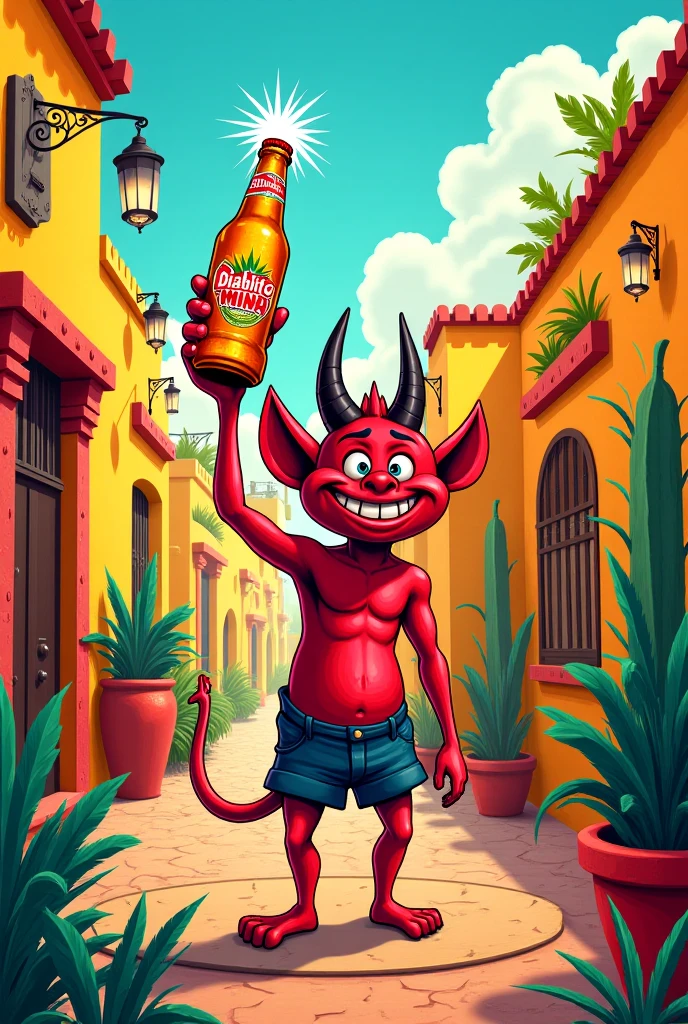 Anime style poster of a smiling red devil with a hat, Cowboy boots, With bulging eyes; that has hands and is holding a bottle, with a legend above that says "spicy sauce from the garden"