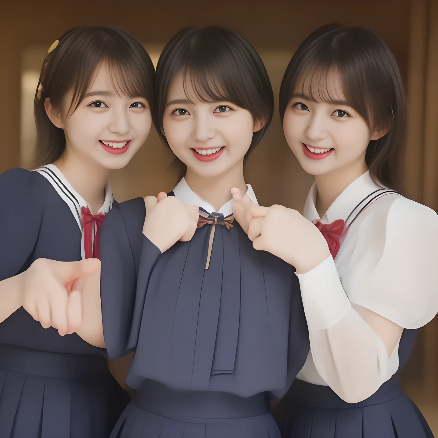 (masterpiece, best quality:1.2), High resolution, 1080P, 8K, 1girl, solo, (((laughter of three zinomy girls)) with detailed with wide open mouth. All the girls are noble, neat, intelligent and beautiful slender, maximum laughter of happiness: 1.8), (Incredibly well organized pure white face, Glossy lips, Very long black beautiful straight hair like a hair model, Pure and clear wet eyes, (((Noble and neat))) Japanese school uniform, (dark red cute school ribbon bow-tie), girly & fluttering ((frilled gorgeous expensive school blouse)), puffed sleeves, (dark-blue cutest well-pleated skirt): 1.5) ,(beautiful legs, white socks and school loafers), (Using expensive face-whitening cosmetics to make her skin more beautiful and pure by professional makeup artist: 1.0), (The neat beautiful girls know well about the viewer's super fetishism for school uniforms, and satisfies it completely with skirt: 1.0), ((Inviting me) to come most close with (mind-melting maximum laughter) and (noble hand gesture) like alluring and looking into my eyes, with seducing pose and (beautiful hands and fingers): 1.5), (well detailed face and seducing eyes: 1.8)