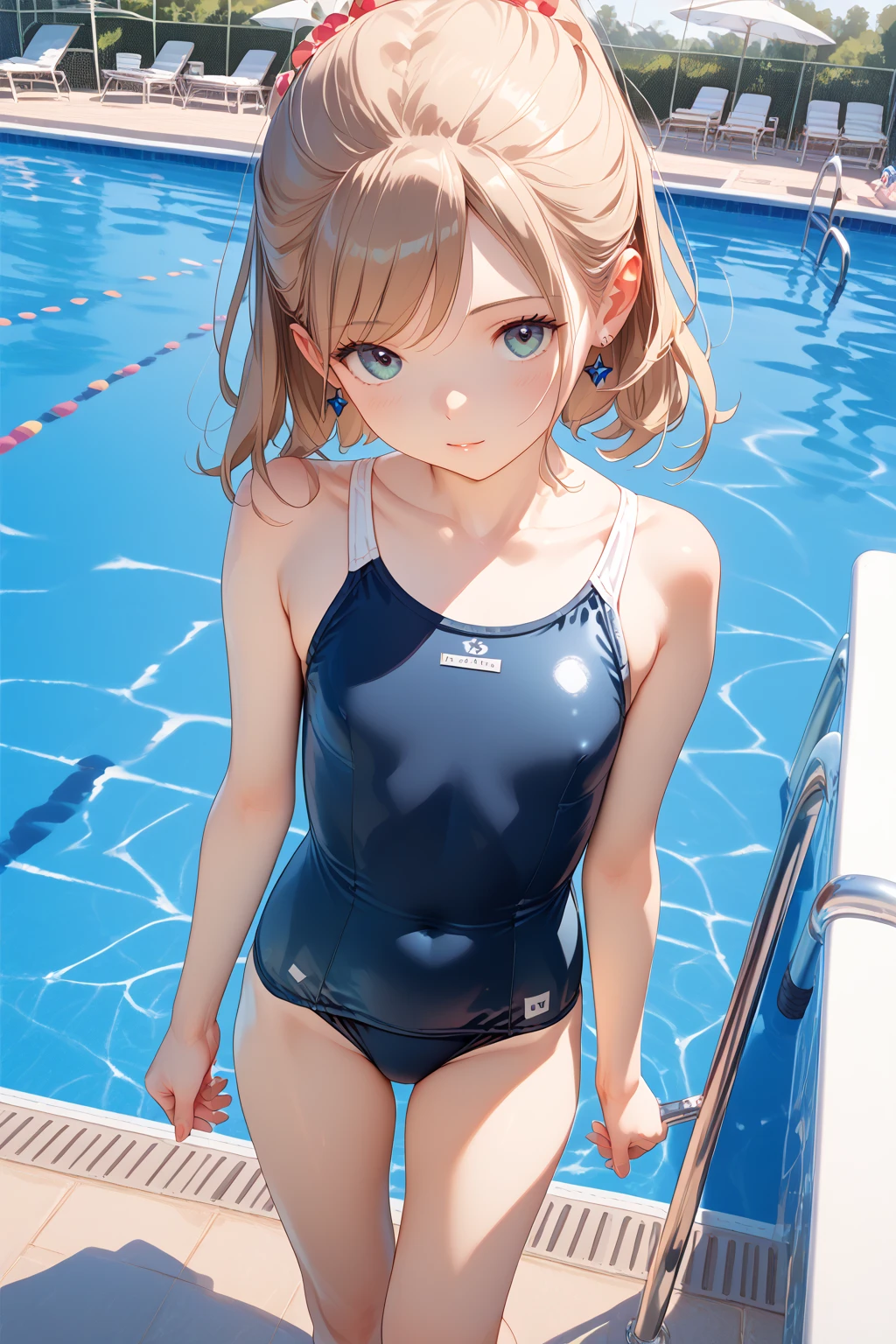 With long flowing blonde hair、Make up image of young woman with captivating violet eyes。she smiles warmly、There is a slight redness on the cheeks。Wearing a wet school swimsuit、The tight-fitting swimsuit perfectly shows off her body lines.。The setting is the school pool.、The strong midsummer light shines brightly on the school swimsuit.。The background is slightly blurred to focus on her school swimsuit.。she stands confidently、Exudes a friendly and approachable attitude。