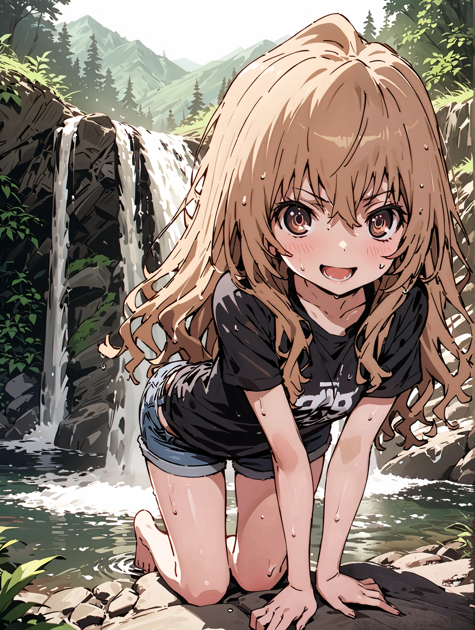 score_9, score_8_up, score_7_up, source_anime,
Taigaisaka, Aisaka Taiga, long hair, brown hair, brown eyes,ponytail,smile,open your mouth,plain black t-shirt,belly button sticking,Tie the hem of the shirt,denim micro shorts,Bare legs,wet skin,wet hair, wet clothes,in line of sight,river,Mountain,forest,waterfall,river遊び, playing in the water,full bodyがillustration for both eyesに入るように,
break outdoors, nature,
break looking at viewer,full body,
break (masterpiece:1.2), top quality, High Resolution, Unity 8K Wallpaper , (illustration for both eyes:0.8), (Beautiful Detailed Eyes:1.6), very detailed face, perfect lighting, highly detailed CG, (perfect hand, perfect anatomy),