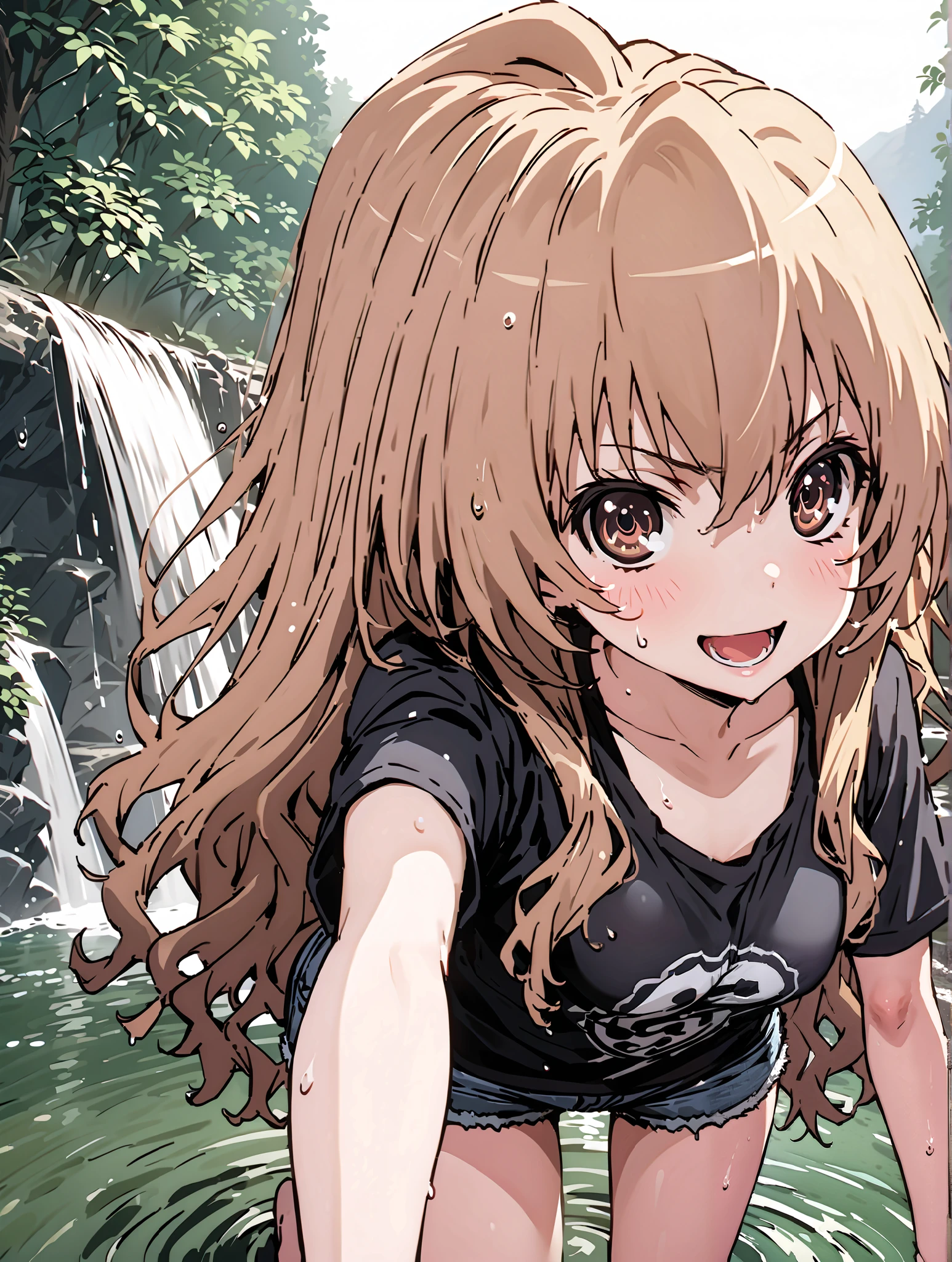 score_9, score_8_up, score_7_up, source_anime,
Taigaisaka, Aisaka Taiga, long hair, brown hair, brown eyes,ponytail,smile,open your mouth,plain black t-shirt,belly button sticking,Tie the hem of the shirt,denim micro shorts,Bare legs,wet skin,wet hair, wet clothes,in line of sight,river,Mountain,forest,waterfall,river遊び, playing in the water,full bodyがillustration for both eyesに入るように,
break outdoors, nature,
break looking at viewer,full body,
break (masterpiece:1.2), top quality, High Resolution, Unity 8K Wallpaper , (illustration for both eyes:0.8), (Beautiful Detailed Eyes:1.6), very detailed face, perfect lighting, highly detailed CG, (perfect hand, perfect anatomy),