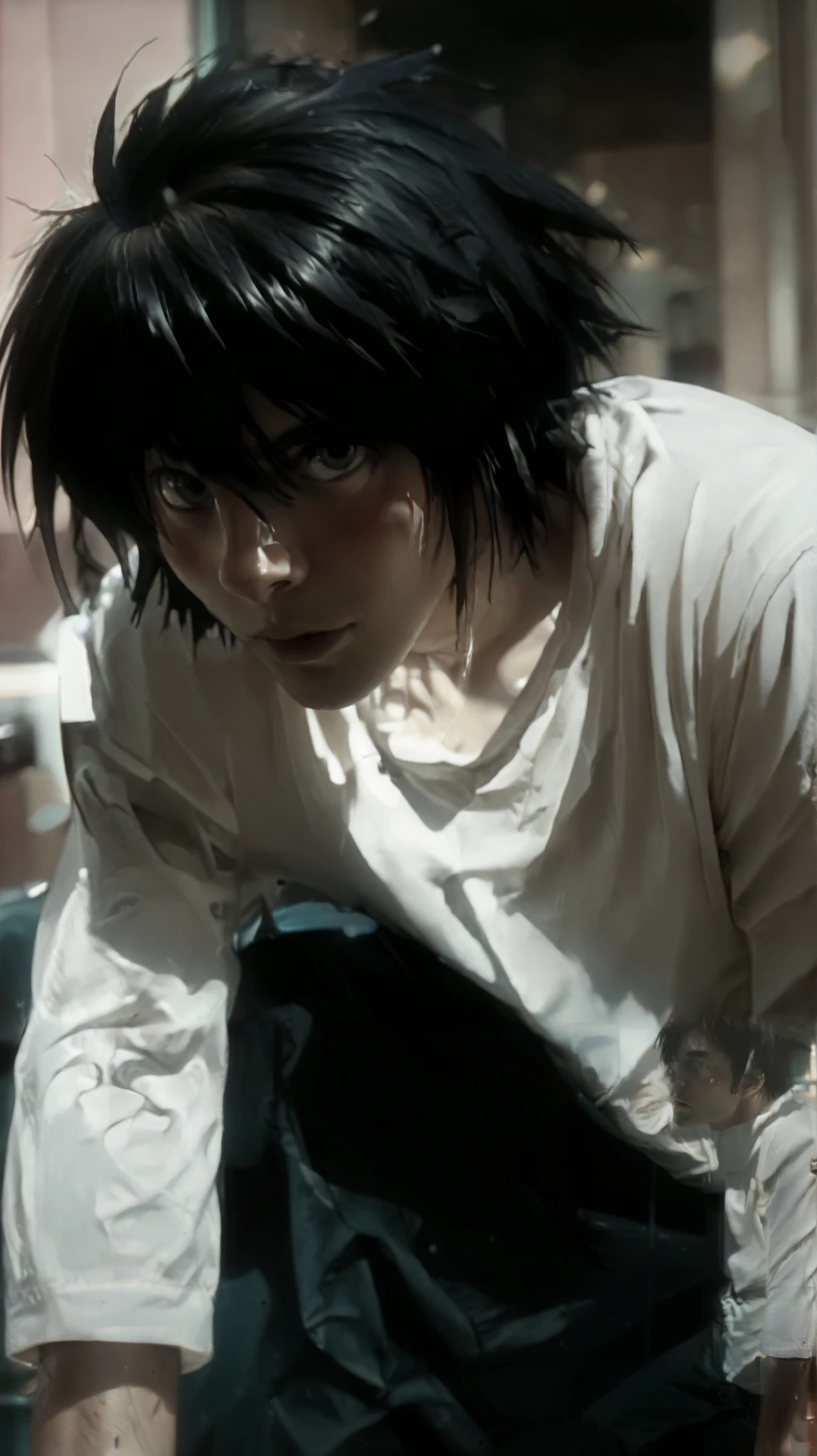 1boy , white shirt , black hair and black eyes