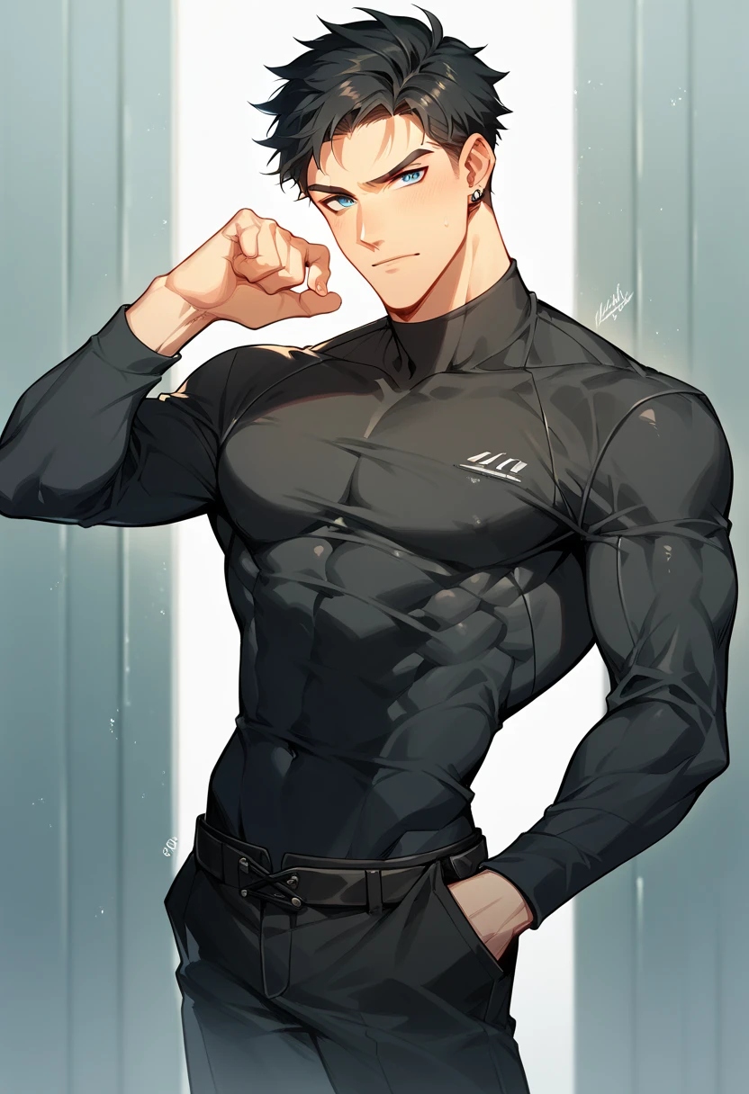 A skinny little handsome guy in a gray jumpsuit,Bare upper body muscles,The crotch is extremely prominent