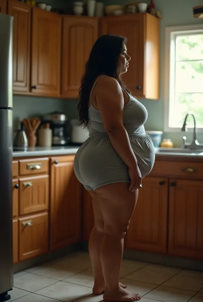 enceinte woman in black shorts standing Dans la salle de bain looking out window, elle a un gros ventre rond et rebondissant posé sur le rebord du lavabo, enceinte belly, enceinte, son ventre est gros et rond, épais, bbwchan, grossesse, chemise serrée, son nombril est exposé, vue de côté, Dans la salle de bain, à côté d'une grande fenêtre, wearing chemise serrée, costume moulant blanc lisse