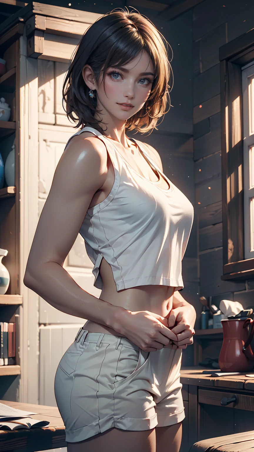 Ultra-high resolution, Ultra HD, absurd, original photo, masterpiece, best quality, 8k, Hyper-realism, (1 girl), Intricate details, Super detailed, Delicate face, detailed body, Dramatic Lighting, Beautiful Lights, stand up, blush, Smile, Green Eyes, (Dark Skin:1.5), beautiful eyes, Wonderful background, short hair, (Brown hair), gorgeous face, beautiful girl, Large Breasts, cleveage, Hourglass figure, Body Beauty, Smooth skin, (White vest), (sports Shorts), in the city, Bright colors, Full body view,((Huge breasts)),Grooves reveal original skin