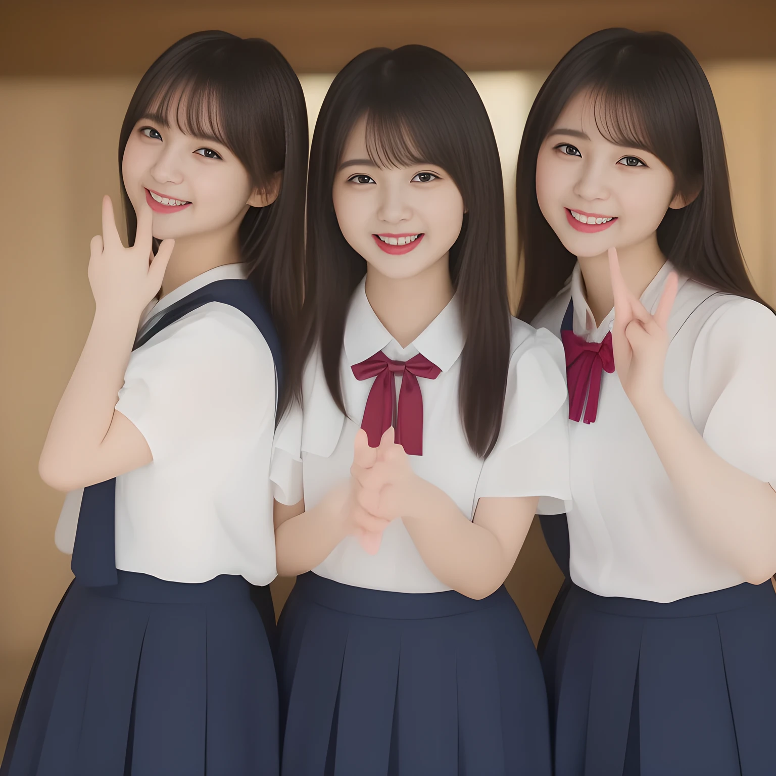 (masterpiece, best quality:1.2), High resolution, 1080P, 8K, 1girl, solo, (((laughter of three zinomy girls)) with detailed with wide open mouth. All the girls are noble, neat, intelligent and beautiful slender, maximum laughter of happiness: 1.8), (Incredibly well organized pure white face, Glossy lips, Very long black beautiful straight hair like a hair model, Pure and clear wet eyes, (((Noble and neat))) Japanese school uniform, (dark red cute school ribbon bow-tie), girly & fluttering ((frilled gorgeous expensive school blouse)), puffed sleeves, (dark-blue cutest well-pleated skirt): 1.7) ,(beautiful legs, white socks and school loafers), (Using expensive face-whitening cosmetics to make her skin more beautiful and pure by professional makeup artist: 1.0), (The neat beautiful girls know well about the viewer's super fetishism for school uniforms, and satisfies it completely with skirt: 1.0), ((Inviting me) to come most close with (mind-melting maximum laughter) and (noble hand gesture) like alluring and looking into my eyes, with seducing pose and (beautiful hands and straighten fingers): 1.2), (well detailed face and seducing eyes: 1.8)
