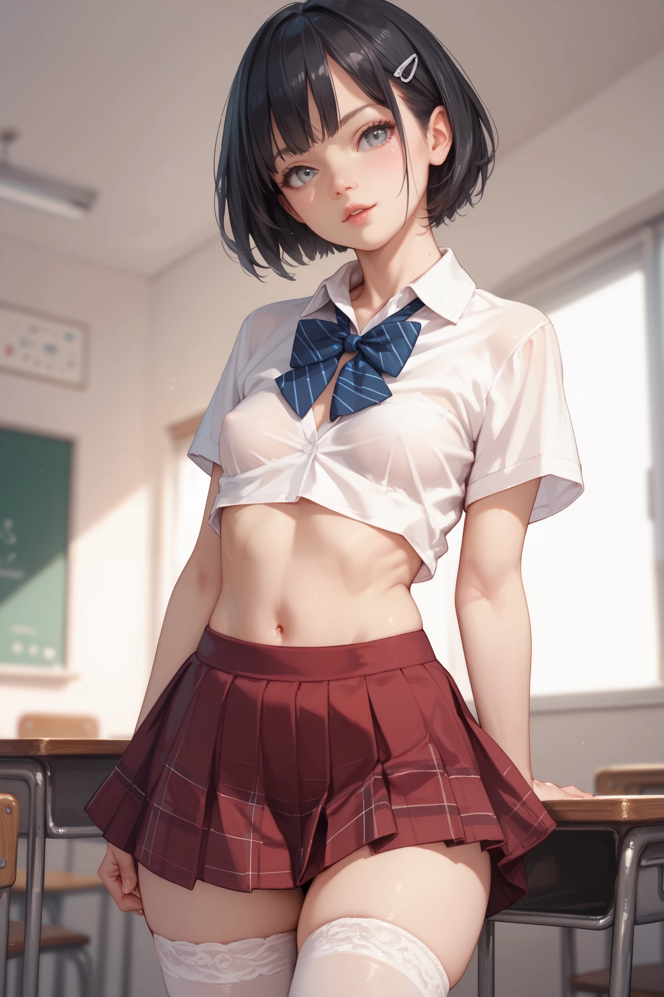masterpiece, best quality, 1girl, Mikasa Ackerman, toned, looking at the viewer, school uniform, lifting shirt, thigh socks, midriff, in bed, sun, mini skirt raised, no panties (black eyes: 0.6)