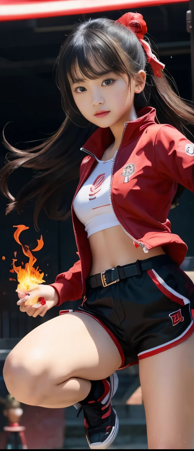 pure idol girl、A pure girl's face、 hypo、Black tight shorts、Red Skeleton Print Track Jacket、、Glowing Flame Japanese Sword、Samurai Belt、
