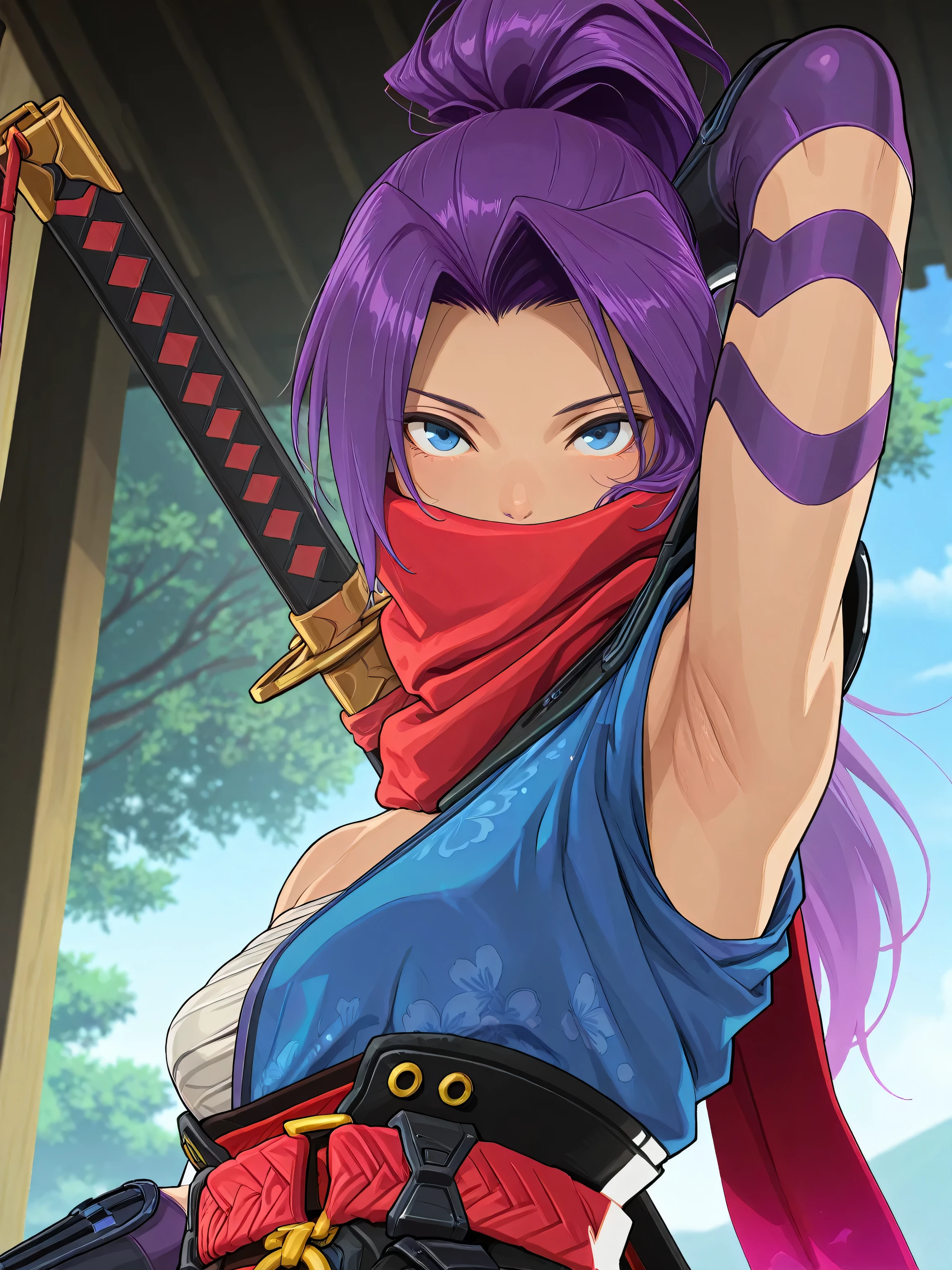 masterpiece, best quality, amazing quality, anime screencap, anime coloring, 1girl, solo, psylocke_mvr, blue eyes, purple hair, high ponytail, parted bangs, long hair, red scarf, scarf over mouth, japanese clothes, chest sarashi, kimono, sash, red belt, obi, single shoulder pad, arm guards, weapon on back, arm behind head, armpit, head towards viewer, looking at viewer, front light, outdoors, day, from side, from below, on viewer's lap, armpit into viewer's face, armpit focus, armpit up close, close-up of armpit