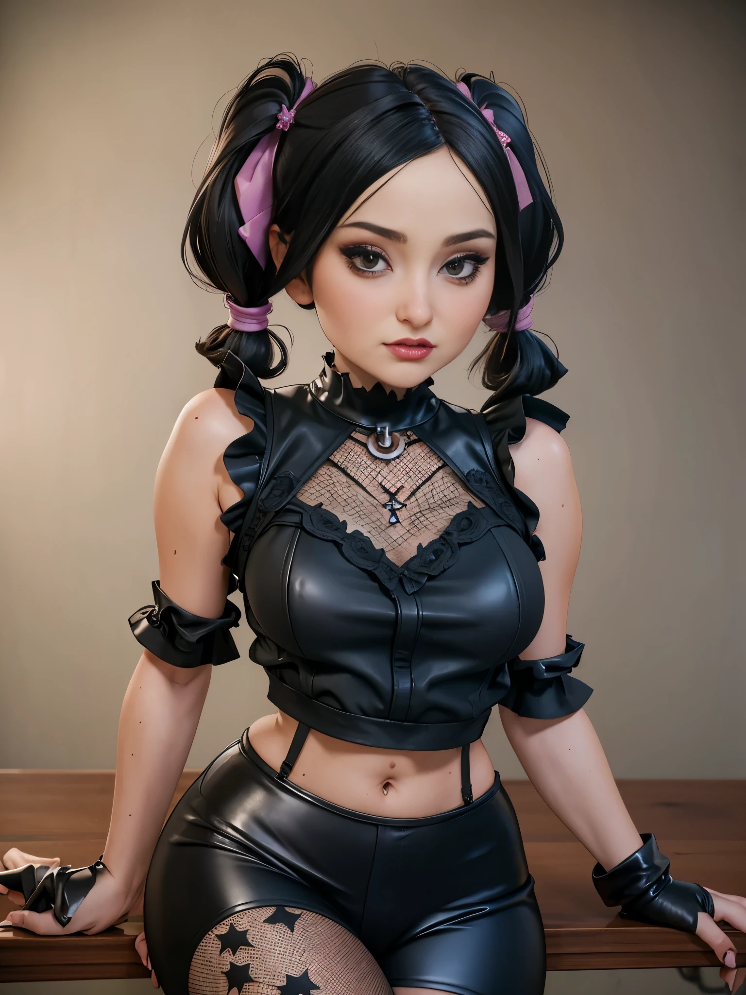 A beautiful Gothic Satanic Witch with black high pigtails hairstyle wearing a transparent mesh top and leather leggings ((best quality)), ((masterpiece)), (detailed), perfect face, parisdiam0nd