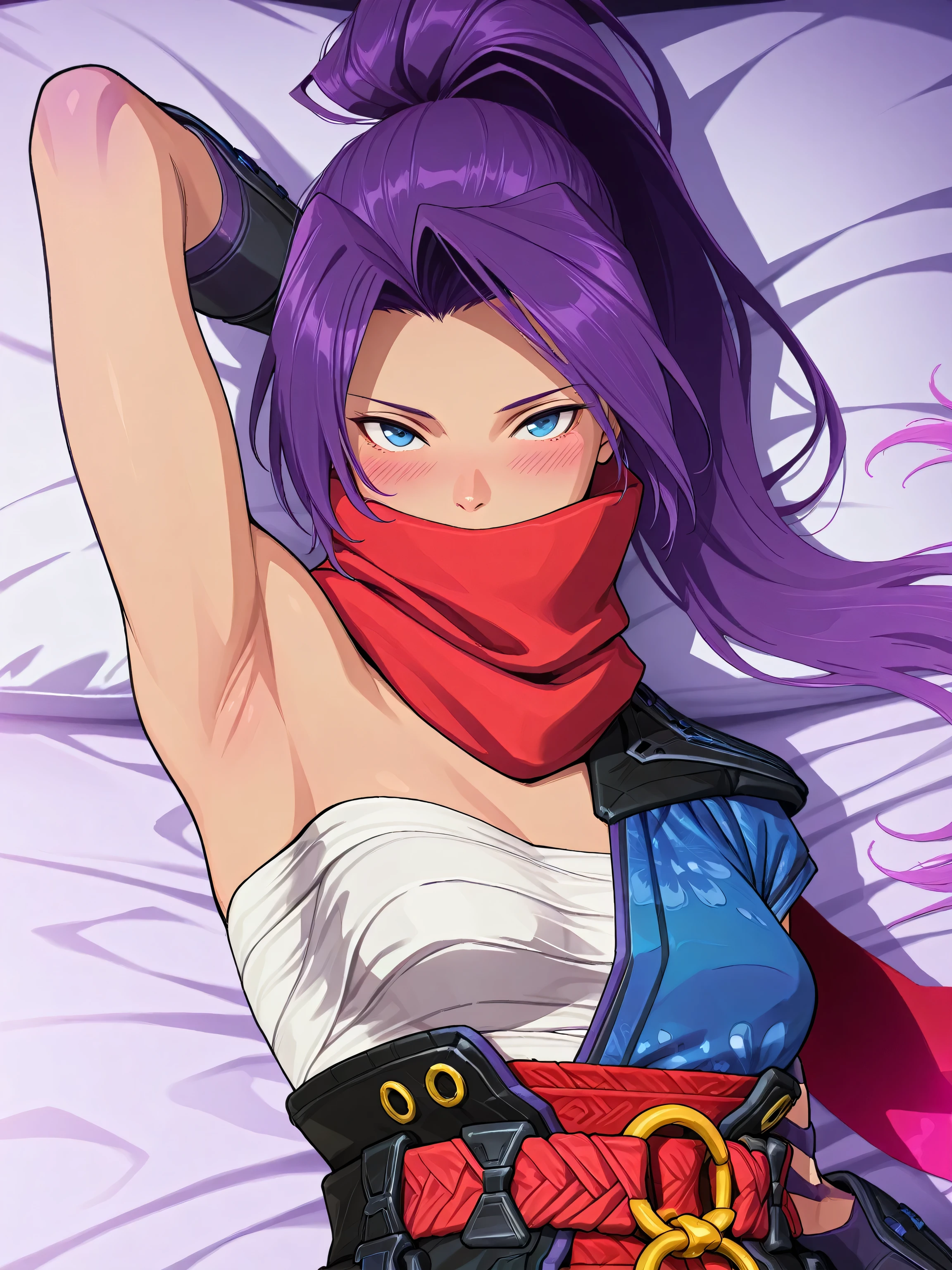 masterpiece, best quality, amazing quality, anime screencap, anime coloring, 1girl, solo, psylocke_mvr, blue eyes, purple hair, high ponytail, parted bangs, long hair, red scarf, scarf over mouth, japanese clothes, chest sarashi, kimono, sash, red belt, obi, single shoulder pad, arm guards, arm behind head, armpit, head towards viewer, looking at viewer, front light, lying in bed, blush