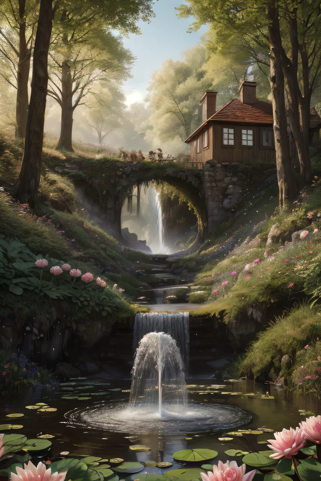 trendy colors in ArtStation, beautiful fancy highly detailed, surrealistic, birds , butterflies, beautiful fancy cartoon, flores, Swirls, pearls, forest, Fungus , beautiful fancy fairy butterflies, beautiful fairy birds , Water lilies, elf, elves, rose, peonies , dandelions, fairy forest, forest, beautiful, fancy, Swirl, fairy flowers, fairy Fungus , fairy trees, meadow, field, lanterns, candles, luz, lake, Water, raindrops, Waterstream, soap bubbles, huge Fungus , houses, Chozas, fancy fairy girls, people, humans, streetlights, light poles, Water fountain, fairyland portal, Fairy Land, huge Fungus , subsurface dispersion, Ultra high definition, 4k, high definition, Photorealistic, Hyperrealistic, hyperdetailed, Analog style, realistic, masterpiece, the best quality, ultra realistic, 8K, intricate, high detail, analog photograph, soft luzing, heavy shadow