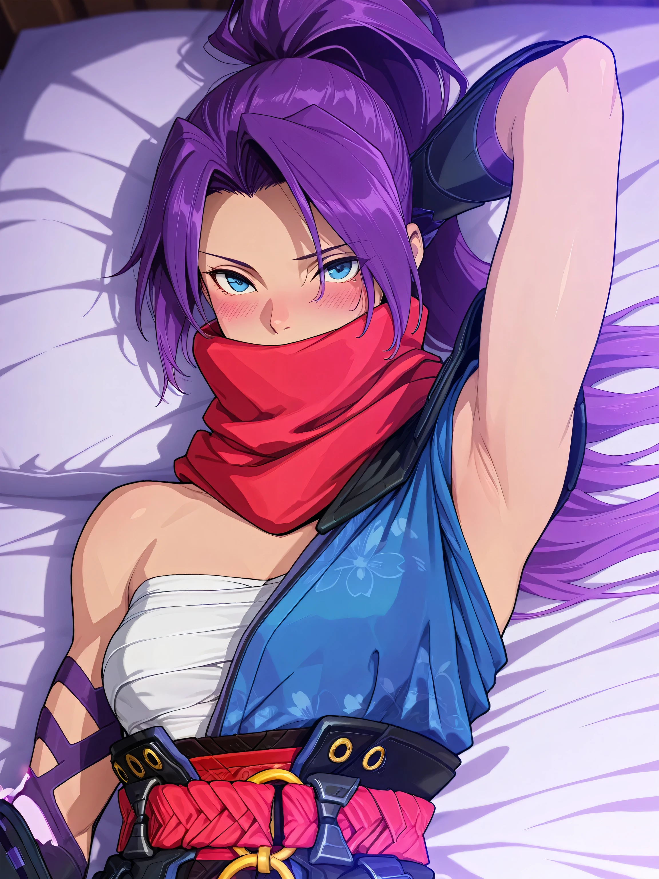 masterpiece, best quality, amazing quality, anime screencap, anime coloring, 1girl, solo, psylocke_mvr, blue eyes, purple hair, high ponytail, parted bangs, long hair, red scarf, scarf over mouth, japanese clothes, chest sarashi, kimono, sash, red belt, obi, single shoulder pad, arm guards, arm behind head, armpit, head towards viewer, looking at viewer, front light, lying in bed, blush