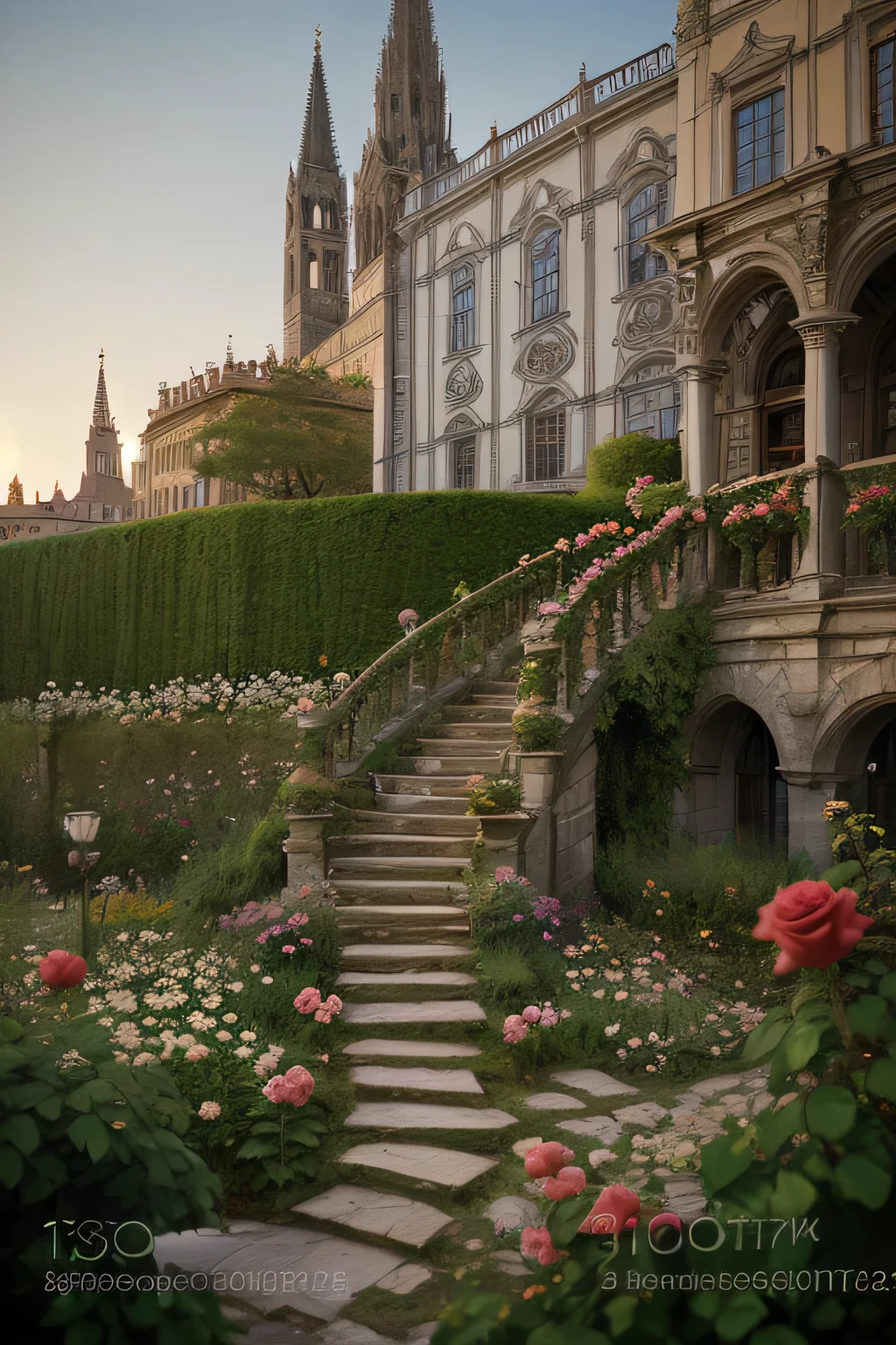 (Photograph with tilt-shift effect:1.5),Let Him Flrsh,(masterpiece, Best Qual Ély, slurp, intricate),a walkway in a garden WéLH lots of green plants and trees on Eélher side of Him,(Climbing Rose:1.2),lozano, flourishing, unimaginable beauty , Florencia Engel bach, Tone mapping, a Baroque flamingo, German romanticism, Cinematic Compos Elion, beautiful lighting,on parchment, ink,oil and watercolor painting, European Renaissance city,