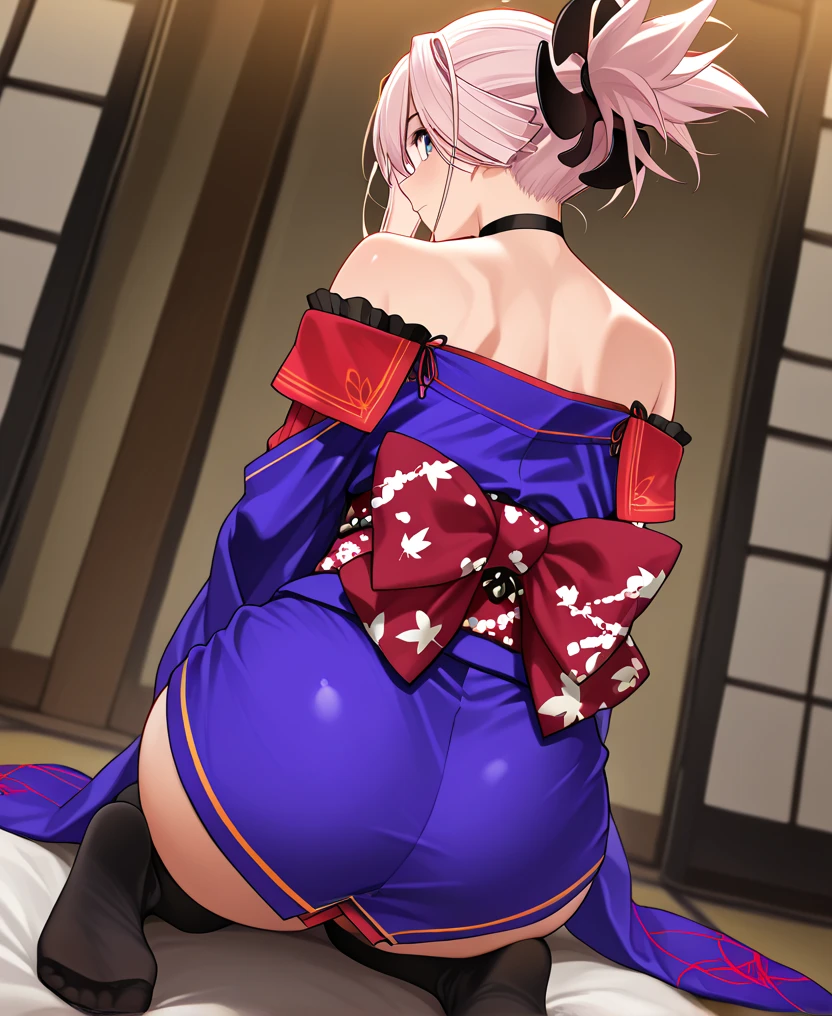 (masterpiece, Highest quality, Highest quality, Official Art, beautifully、aesthetic:1.2),One girl, tattoo, alone, kimono,  hair ornaments, Pink Hair, 背中一面 tattoo, 綺麗なflowerのtattoo, Violet Eyes,  Off the shoulder, Bare shoulders, Recall, From behind, flower, View your viewers,  Holding, compensate, indoor, Pink cat ears, Plump Ass, (show your butt hole:1.6), (stick out butt:1.3)