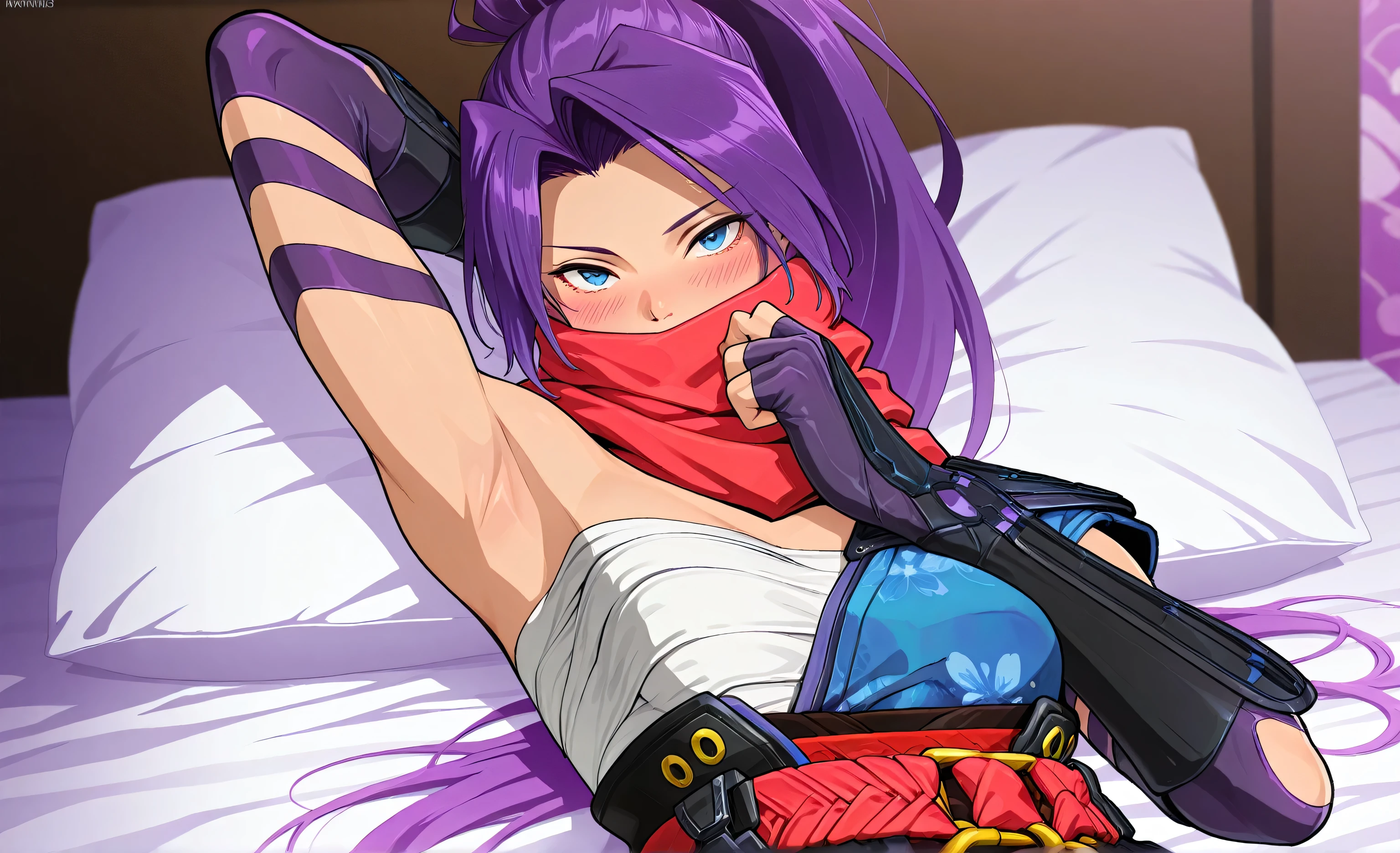 masterpiece, best quality, amazing quality, anime screencap, anime coloring, 1girl, solo, psylocke_mvr, blue eyes, purple hair, high ponytail, parted bangs, long hair, red scarf, scarf over mouth, japanese clothes, chest sarashi, kimono, sash, red belt, obi, single shoulder pad, arm guards, arm behind head, armpit, head towards viewer, looking at viewer, front light, lying in bed, blush