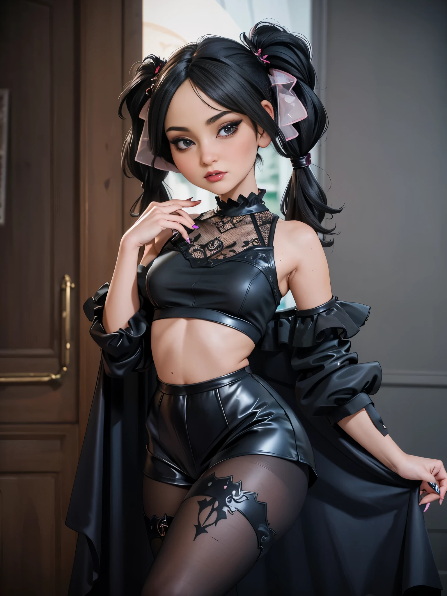 The image shows a Goth Woman with harlequin hat, clown face paint, wearing cropped clown shirt, puffy sleeves, puffy crewneck, stomach navel exposed, large breasts, small waist, wide hips, thick legs, black panties, collarbone, clown 🤡, sexy body, it, night circus background, shiny skin, highest detailed, detailed clothes, pastel colors, detailed body, detailed face, back view