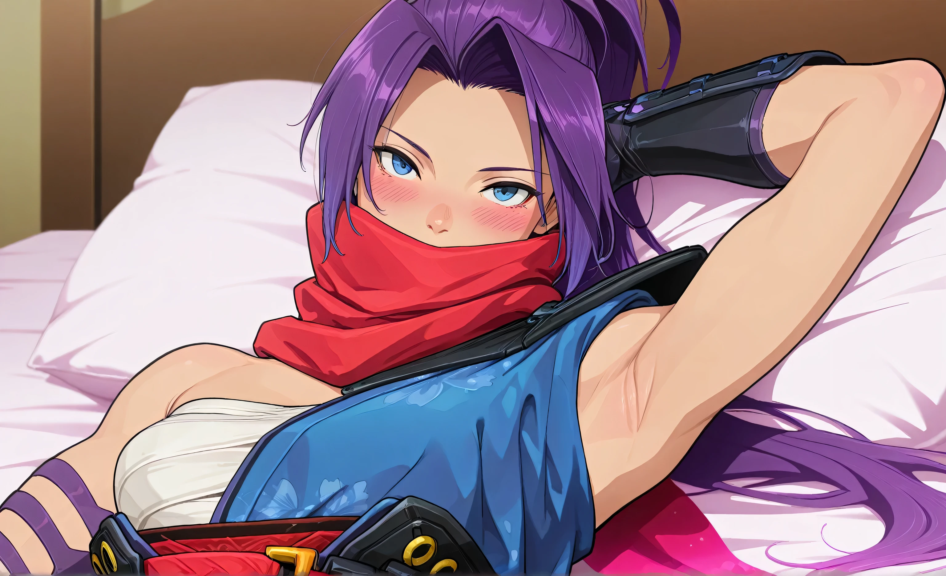 masterpiece, best quality, amazing quality, anime screencap, anime coloring, 1girl, solo, psylocke_mvr, blue eyes, purple hair, high ponytail, parted bangs, long hair, red scarf, scarf over mouth, japanese clothes, chest sarashi, kimono, sash, red belt, obi, single shoulder pad, arm guards, arm behind head, armpit, head towards viewer, looking at viewer, front light, lying in bed, blush, armpit focus, armpit up close, close-up of armpit 