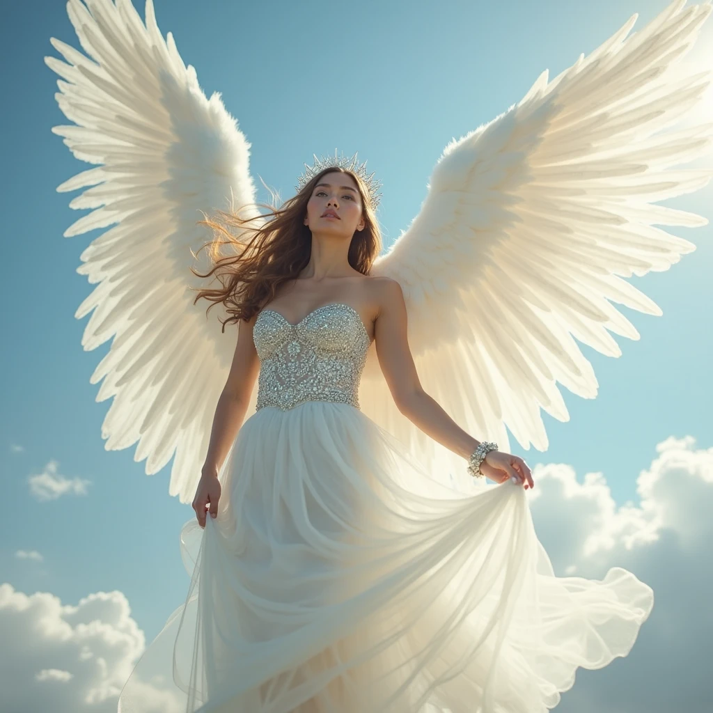 Arafed angel in a white dress with wings and a halo, anjo bonito, de anjo lindo, anjo feminino bonito, Anjo majestoso de corpo inteiro, de uma menina anjo bonita, to be brilliant angelic, Retrato de um anjo bonito, beautiful angelic wings, tall female angel, Ethereal Angelic Being of Light, Angelic Light, grandes asas brancas brilhantes, vestindo anjo, angelic