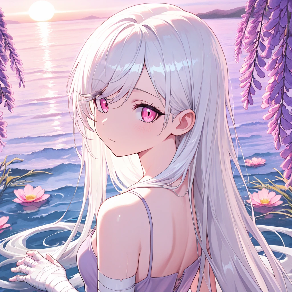 masterpiece, best quality, ultra detailed, 1girl, solo, upper body, heterochromia: glowing purple left eye, glowing pink right eye, very long white hair, long curly bangs, waist length hair, long hair, (small breasts:1.5), toned arms, linen sack dress, bandages around torso, water, colorful lilies, waterdrops, splash, action, dynamic pose,